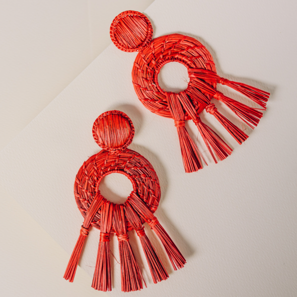 Oasis Blue Earrrings - Handmade Iraca Palm Earrings | Color: Red Refurbished - Apalma Handmade refurbished available on Cerqular