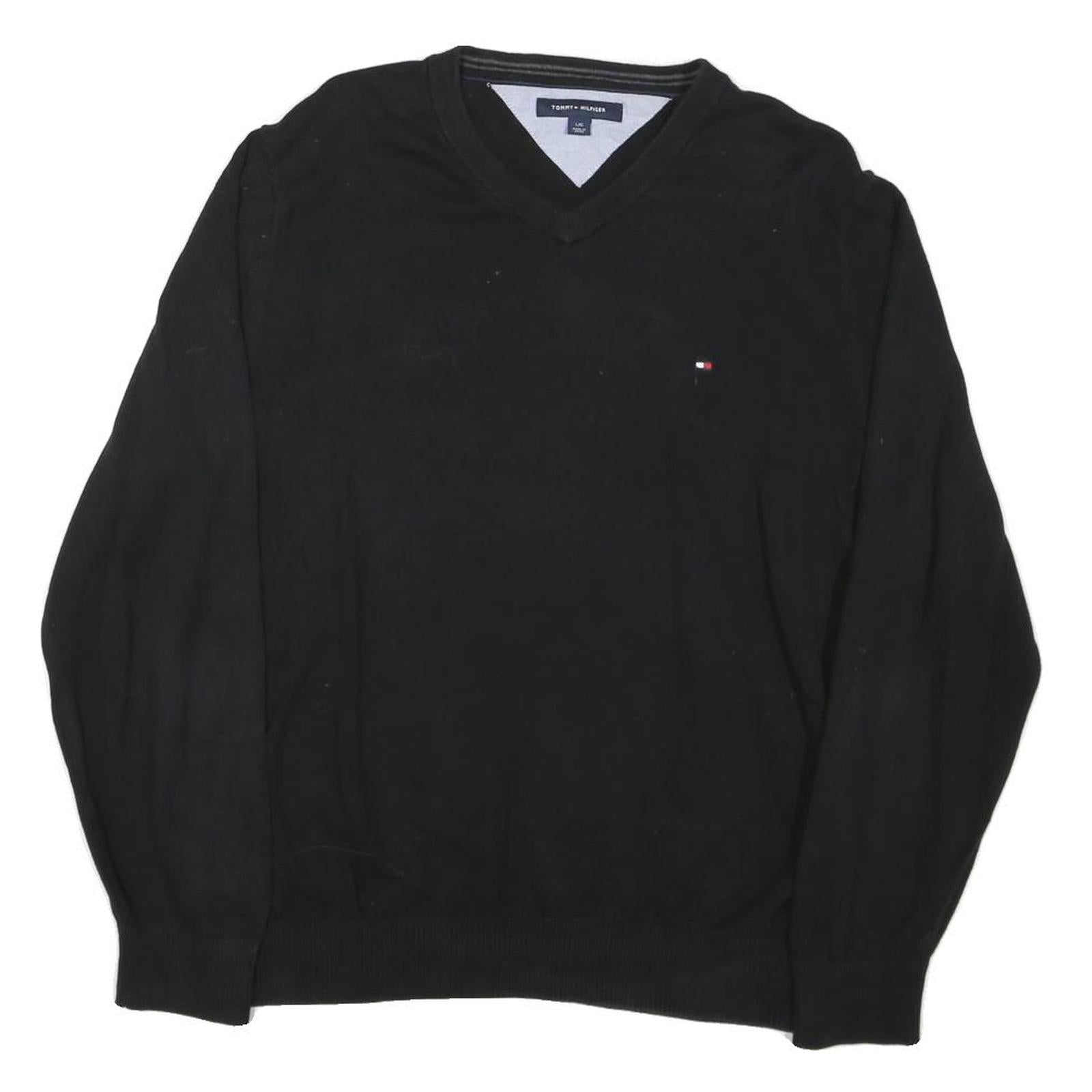 TOMMY HILFIGER Mens Black Plain V-Neck Basic Knit Jumper L Cotton Blend Classic Refurbished - N/A refurbished available on Cerqular