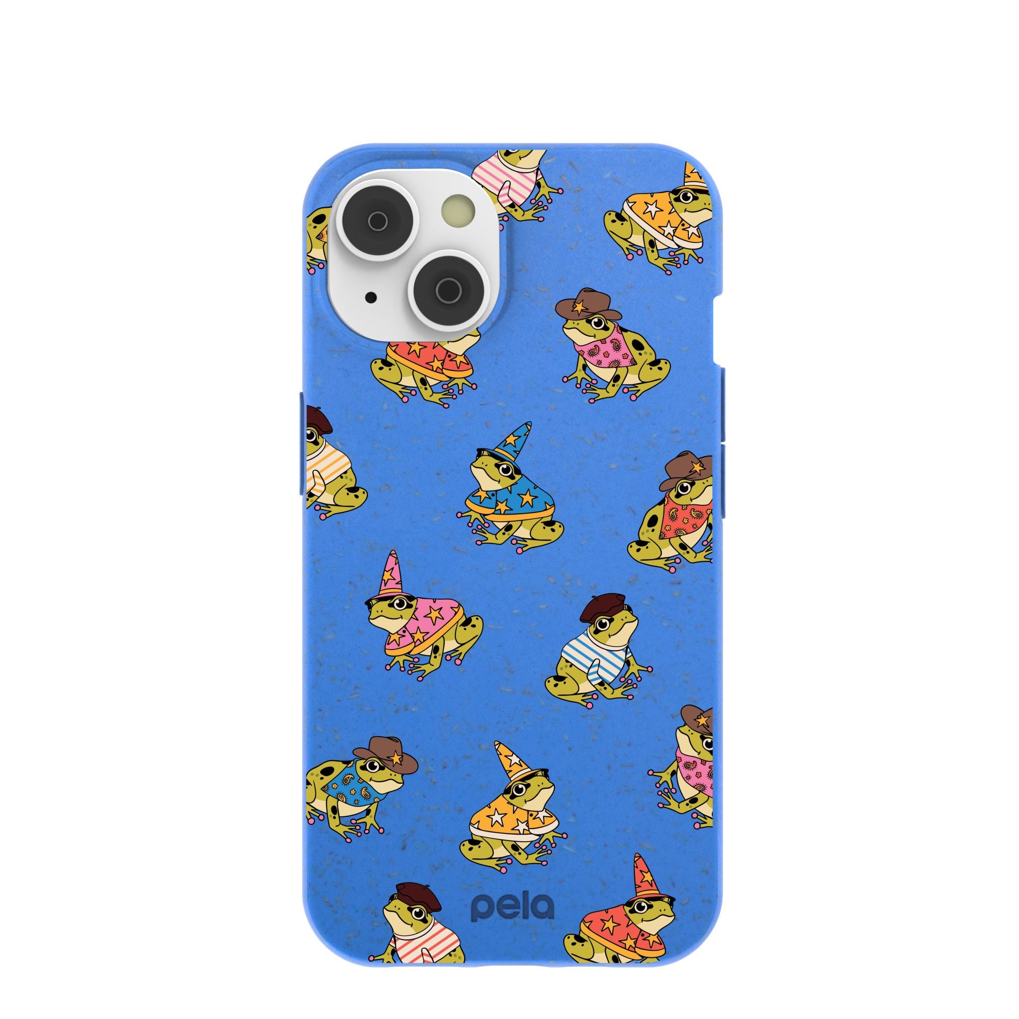 Electric Blue Fancy Frogs iPhone 14/16e Case Refurbished - Pela Case refurbished available on Cerqular