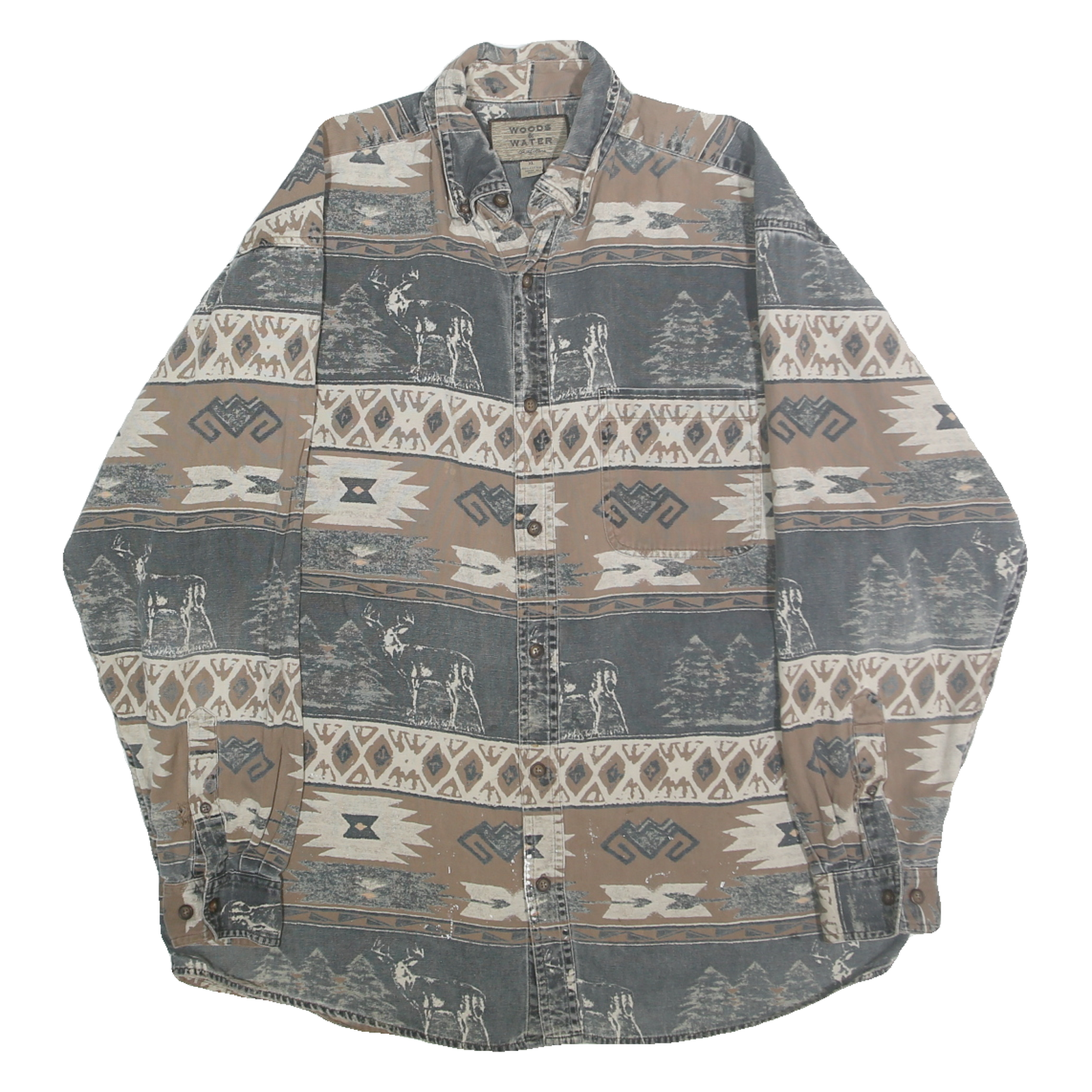 WOODS & WATER Mens Beige & Grey Cotton Shirt XL Animal Print Pattern Casual Refurbished - N/A refurbished available on Cerqular