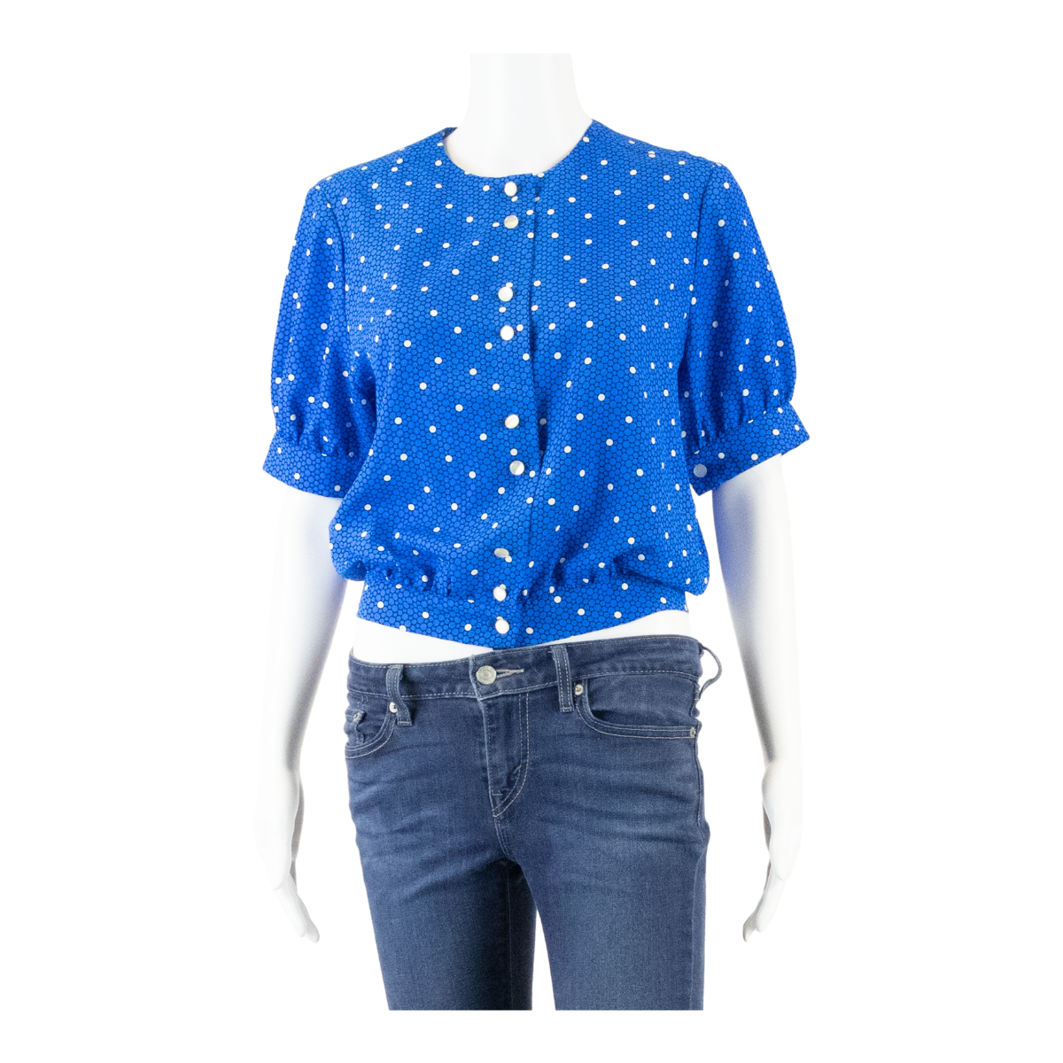 Womens Cropped Blouse Blue Puff Sleeve Spotted M Refurbished - N/A refurbished available on Cerqular