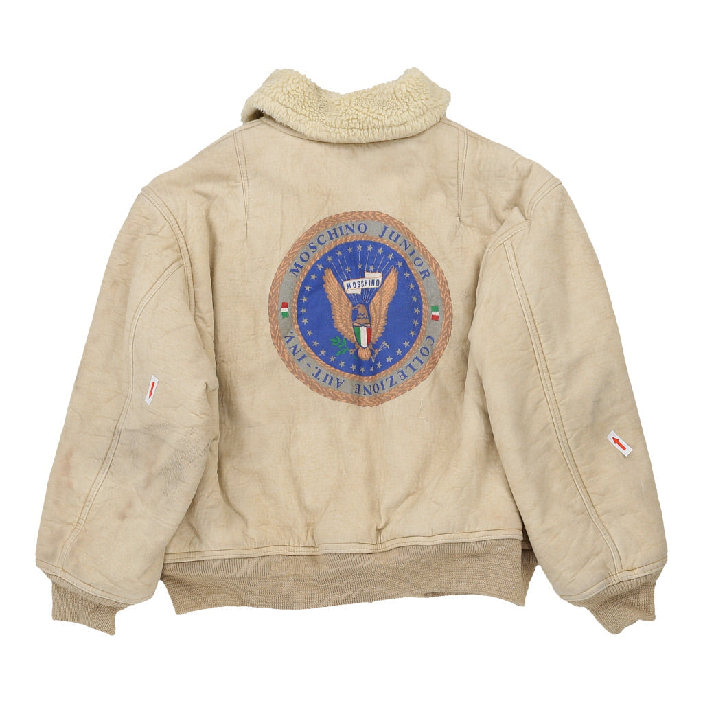 Buy 12 Years. Moschino Graphic Sheepskin Jacket - Medium Beige Cotton Blend | Size: medium Refurbished - $160.08 12 Years. Moschino Graphic Sheepskin Jacket - Medium Beige Cotton Blend | Size: medium Refurbished - N/A (Preloved Designer is not a specific brand, it refurbished available on Cerqular
