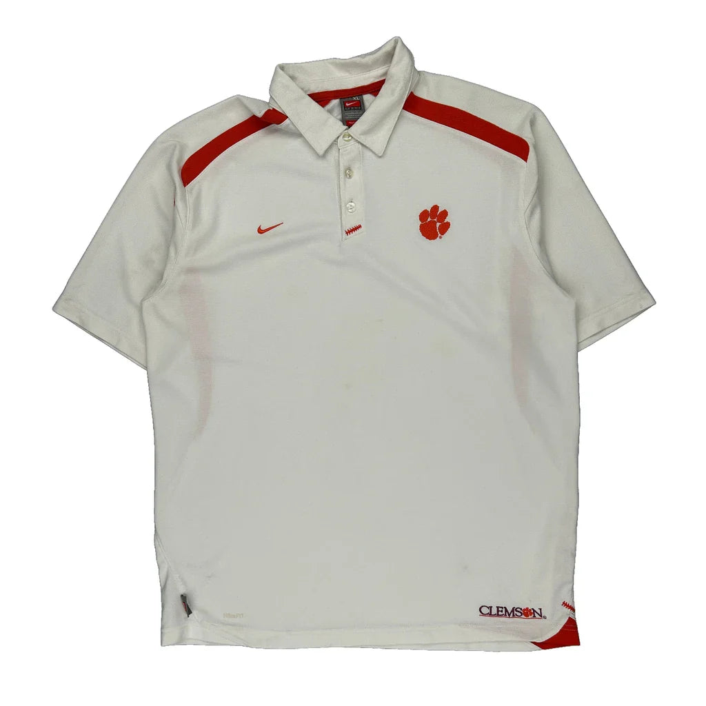 Clemson Nike Polo Shirt - XL White Polyester Refurbished - Thrifted (note: this is a term often used to describe second- refurbished available on Cerqular