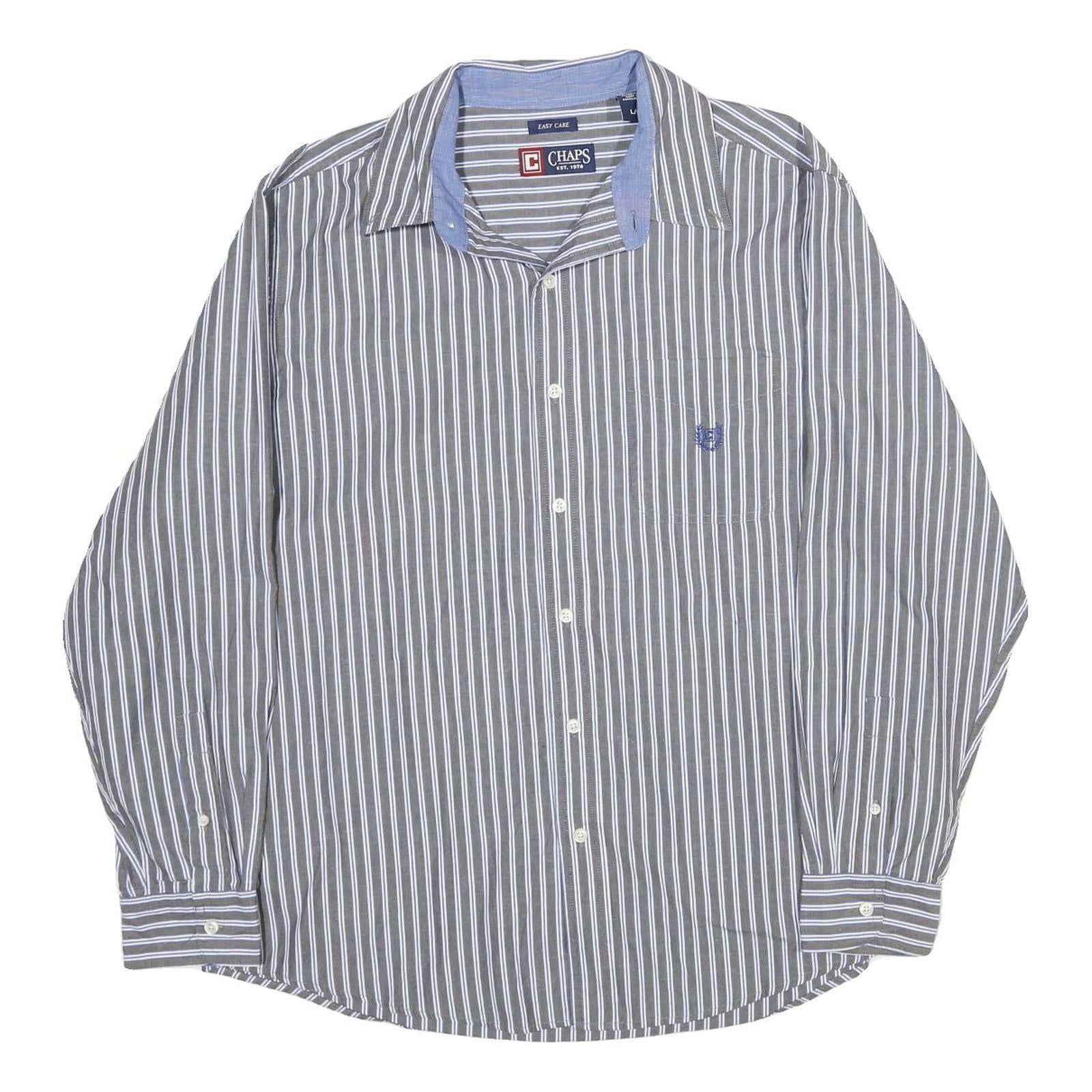 CHAPS Mens Grey & White Stripe Cotton Shirt L Classic Long Sleeve Button Collar Refurbished - N/A refurbished available on Cerqular