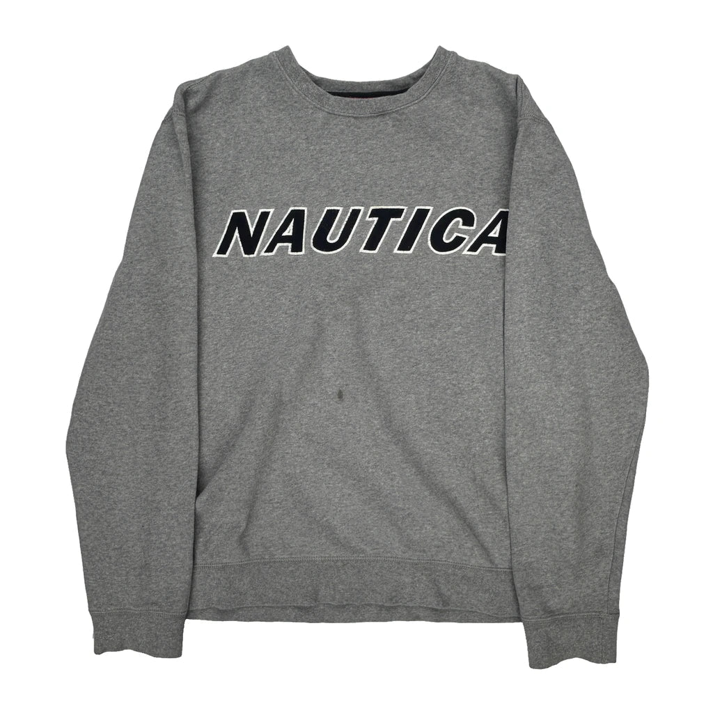 Nautica Spellout Sweatshirt - Large Grey Cotton Refurbished - Thrifted (note: this is a term often used to describe second- refurbished available on Cerqular