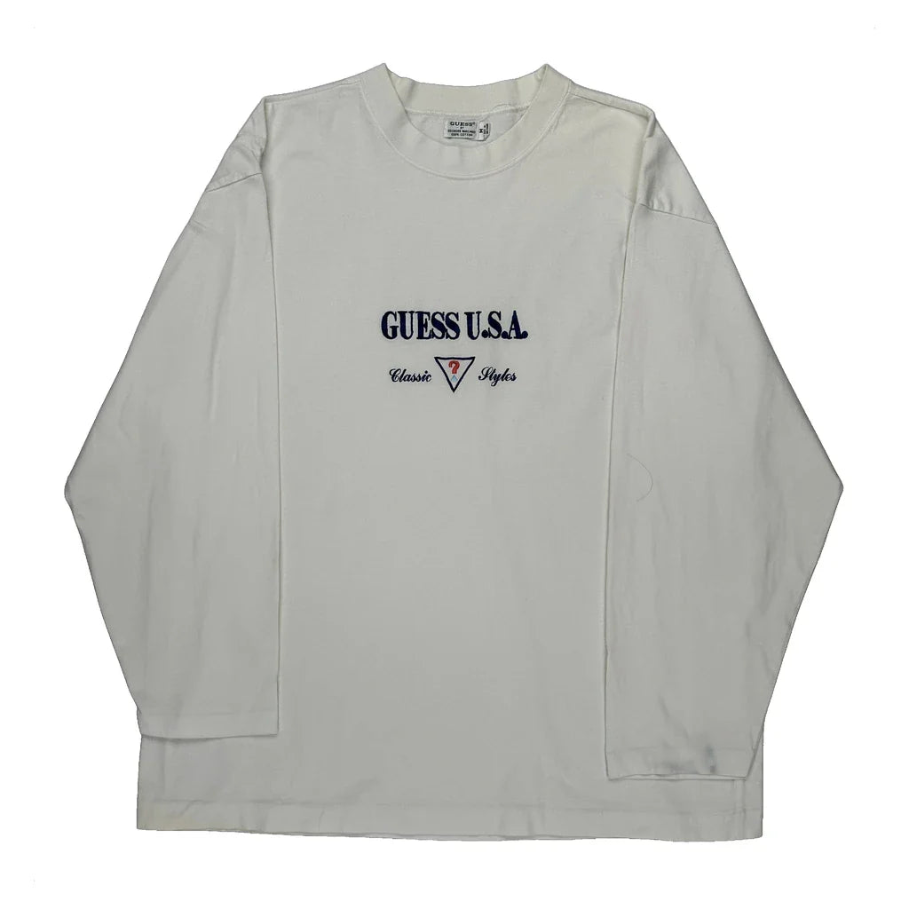 Guess Spellout Long Sleeve T-Shirt - Medium White Cotton Refurbished - Thrifted (note: this is a term often used to describe second- refurbished available on Cerqular