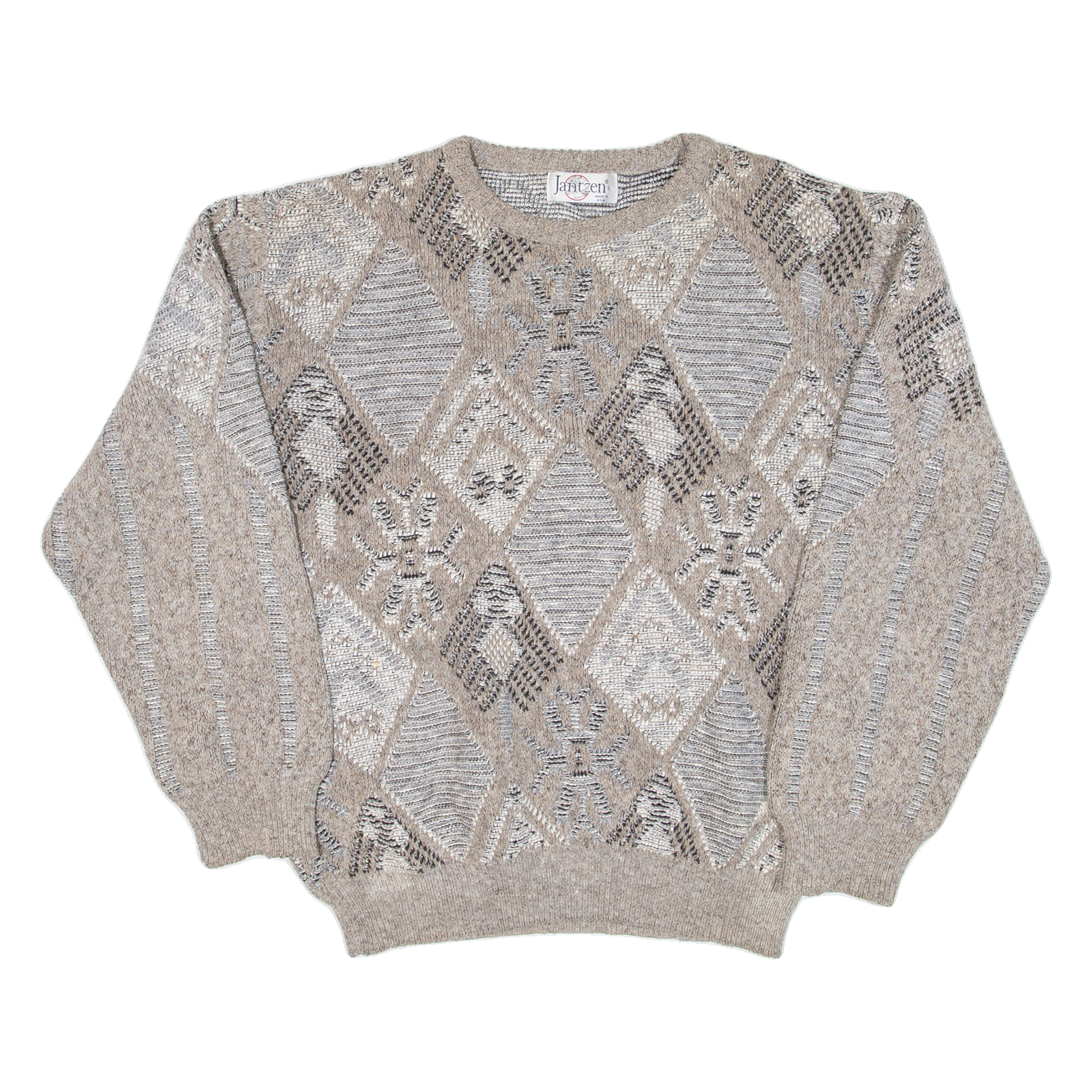 JANTZEN Womens Patterned Jumper Beige Crazy Pattern 90s Wool L Refurbished - N/A refurbished available on Cerqular