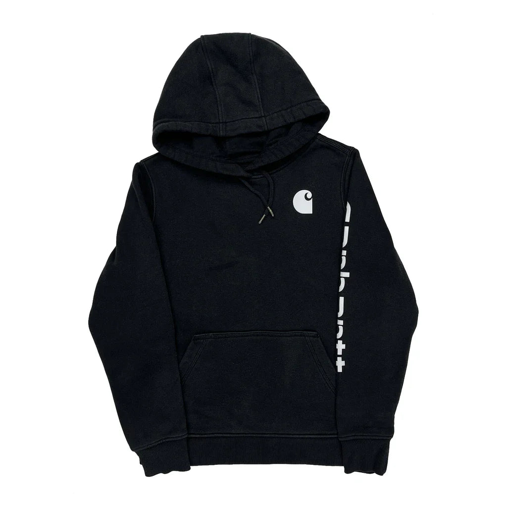 Relaxed Fit Carhartt Spellout Hoodie - Small Black Cotton Refurbished - Thrifted (note: this is a term often used to describe second- refurbished available on Cerqular