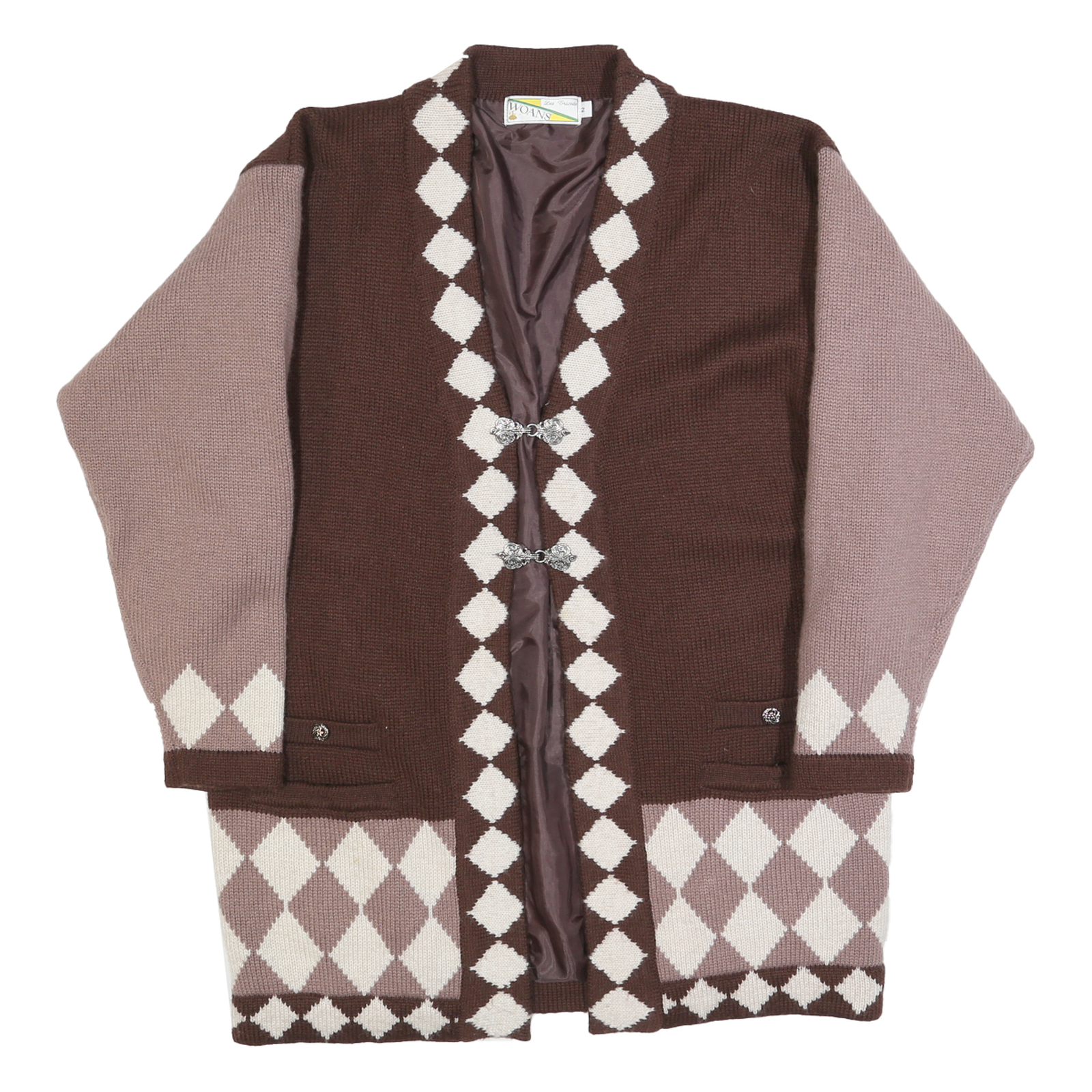 WOANS Womens Brown & Pink Diamond Patterned Cardigan Button Neck Chunky Knit L Refurbished - N/A refurbished available on Cerqular