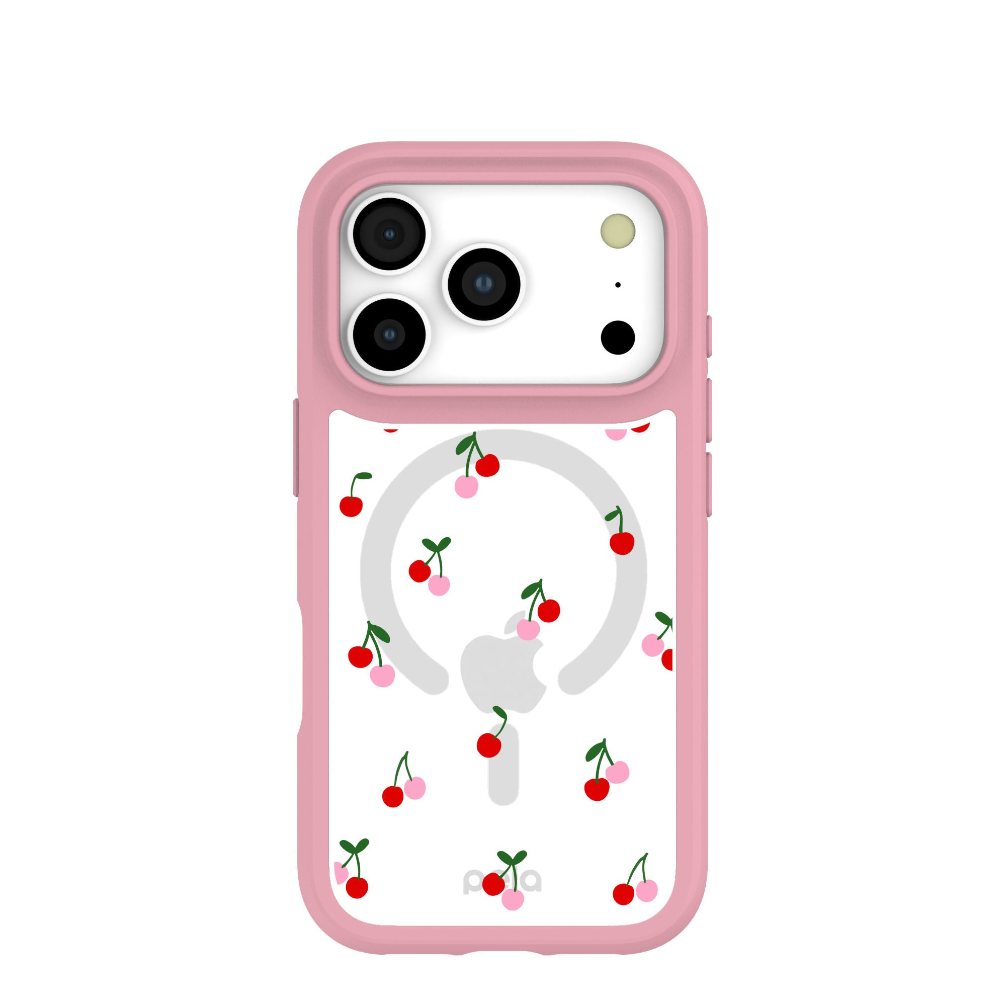 Clear Little Cherries iPhone 17 Pro Case With Petal Pink Ridge (MagSafe included) Refurbished - Pela Case refurbished available on Cerqular