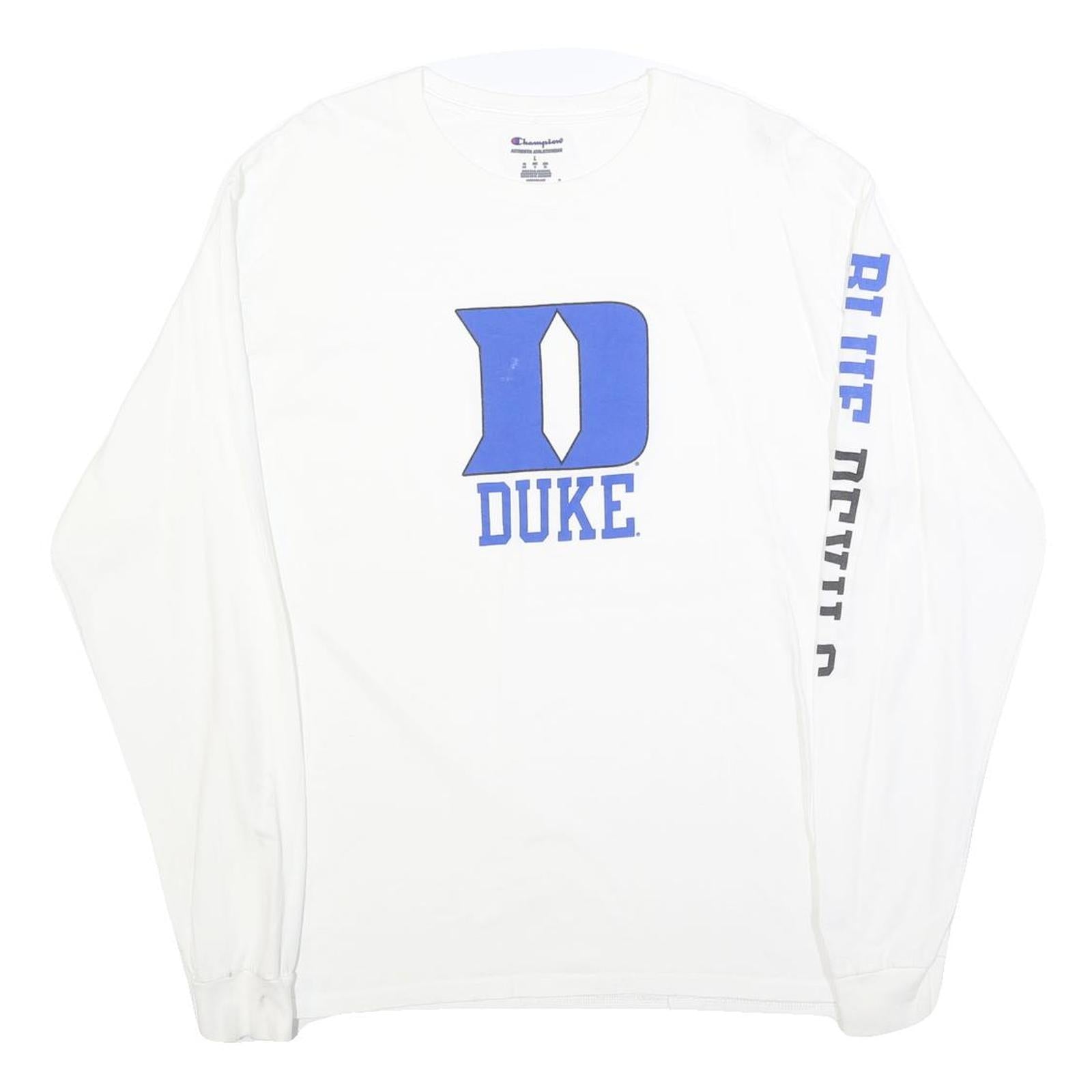 CHAMPION Mens White & Blue Duke Print Long Sleeve Crew Neck T-Shirt L Refurbished - N/A refurbished available on Cerqular