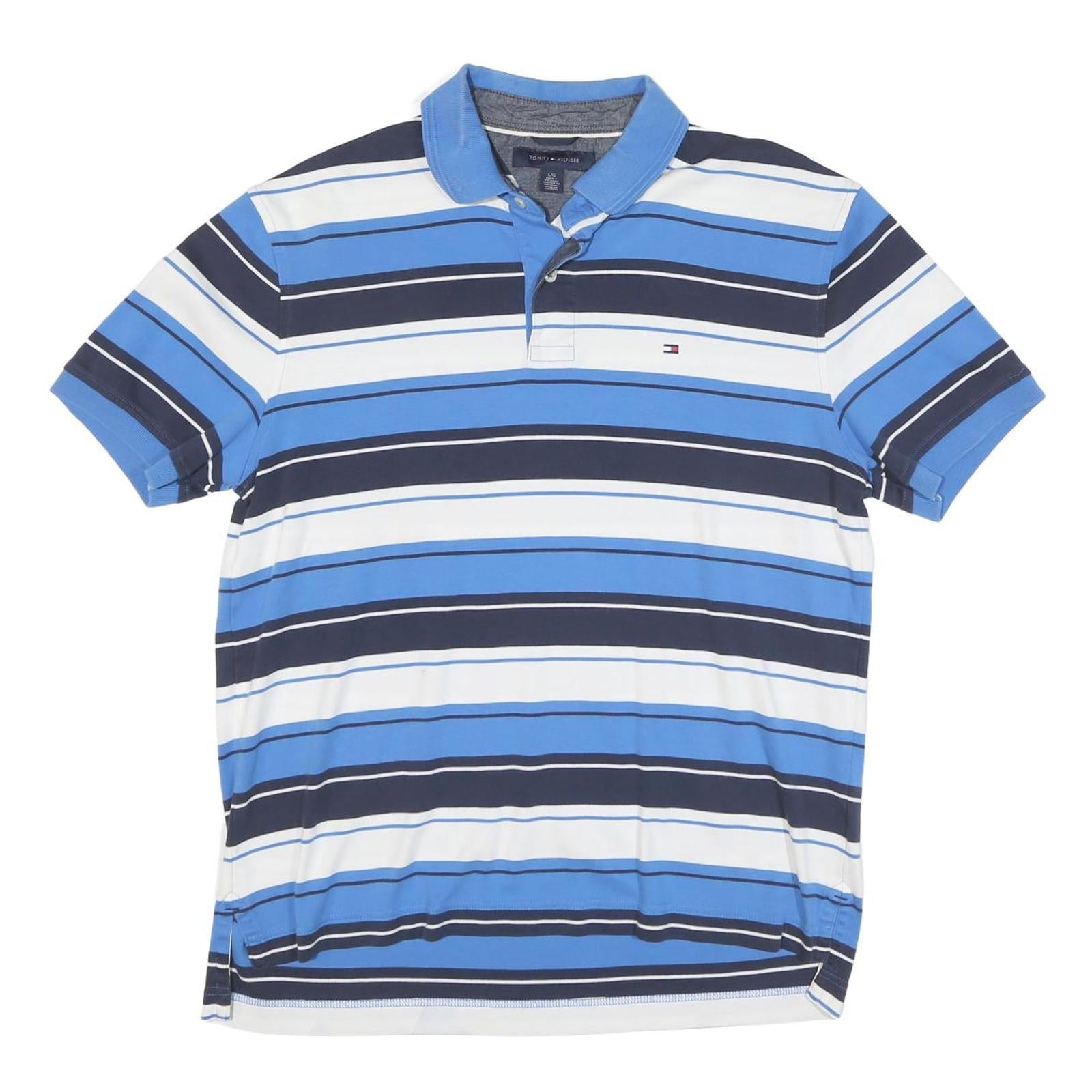 TOMMY HILFIGER Mens Blue & Navy White Striped Short Sleeve Polo Shirt L Refurbished - N/A refurbished available on Cerqular