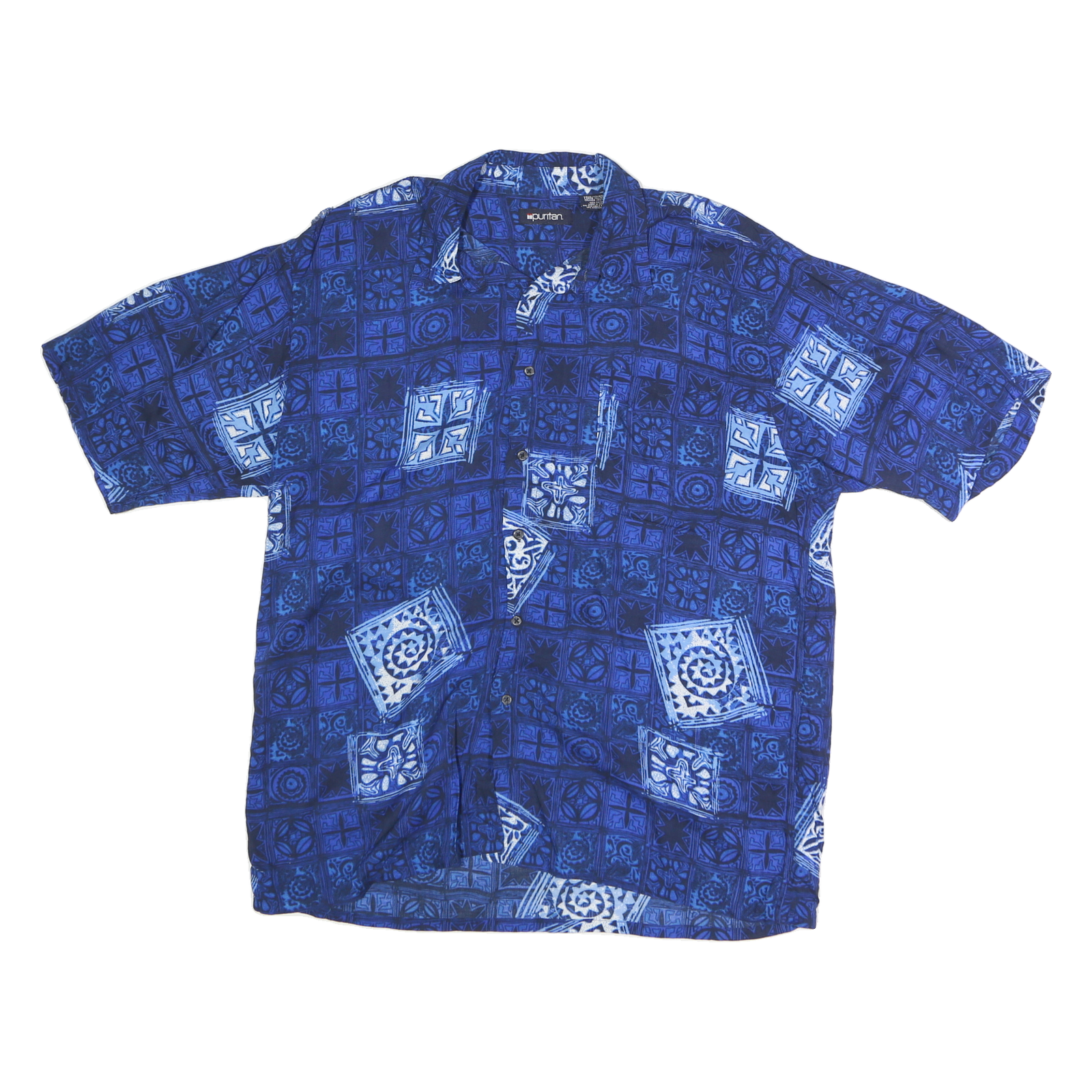 PURITAN Mens Blue Rayon Short Sleeve Shirt L Patterned Button Collar Summer Refurbished - N/A refurbished available on Cerqular