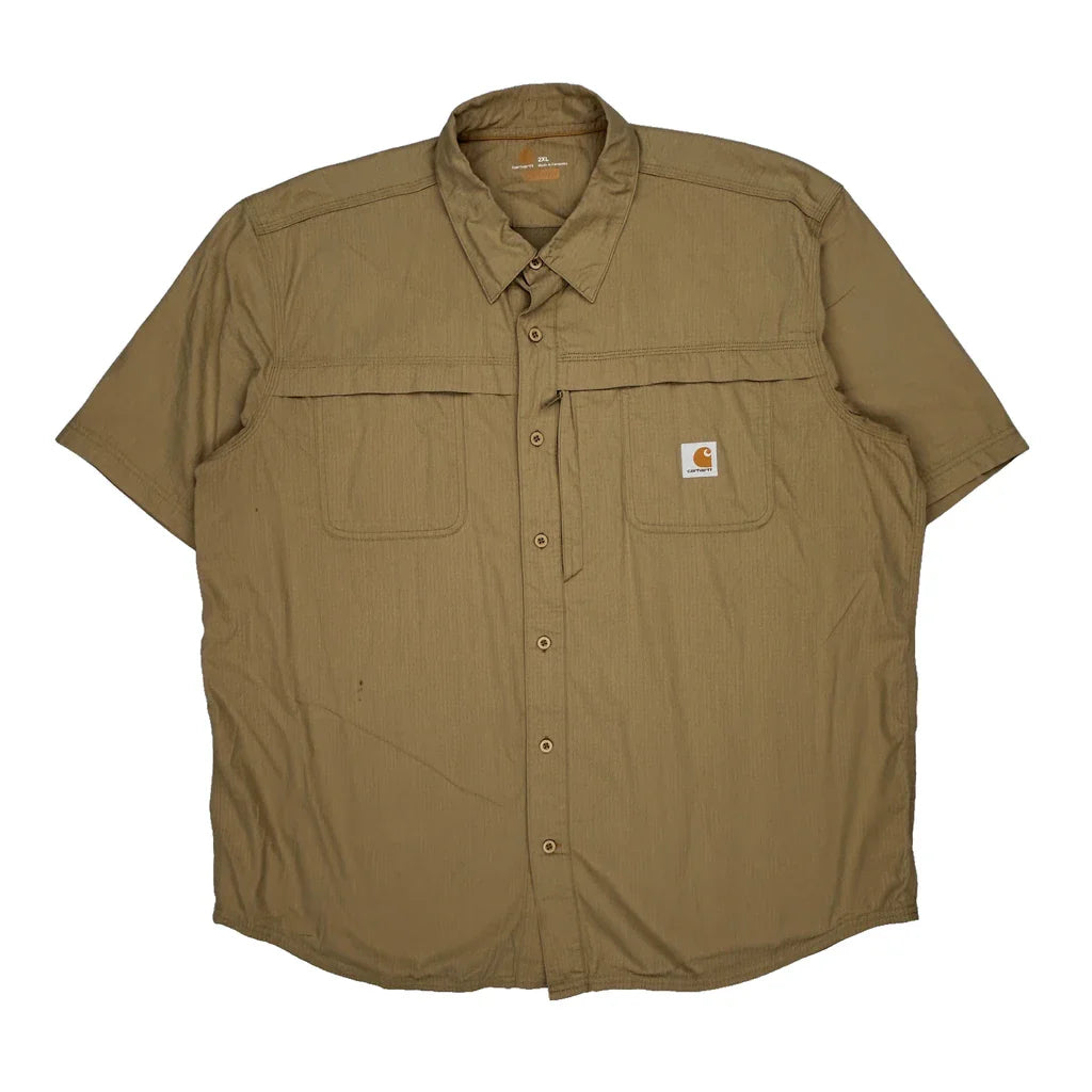 Carhartt Short Sleeve Shirt - 2XL Khaki Polyester Refurbished - Thrifted (note: this is a term often used to describe second- refurbished available on Cerqular