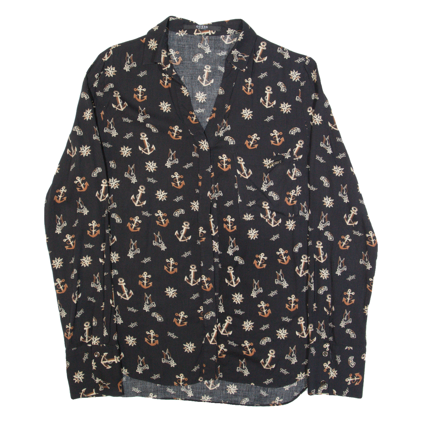 GUESS Womens Shirt Black Crazy Pattern Long Sleeve L Refurbished - N/A refurbished available on Cerqular