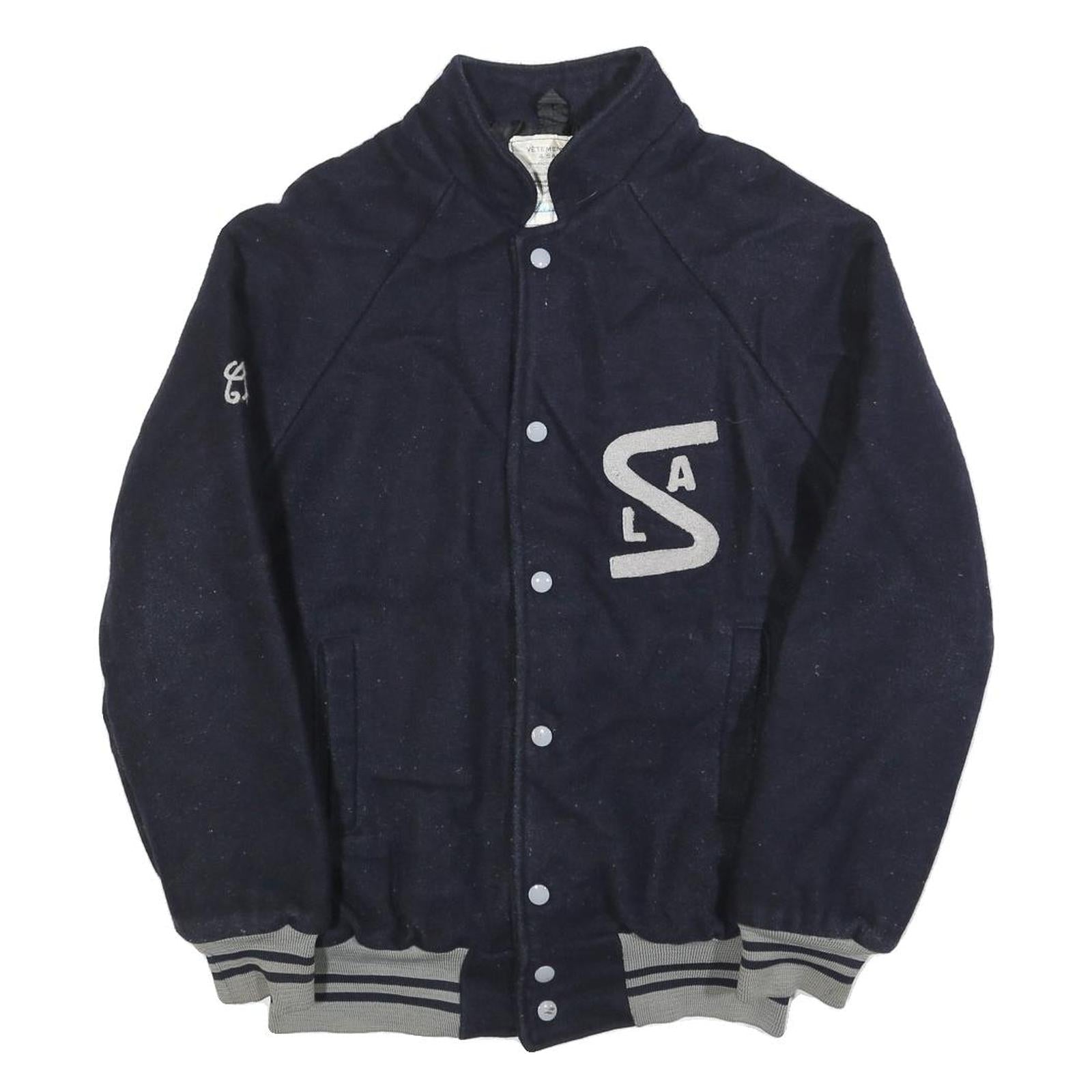 Mens Navy Blue Varsity Style Jacket S Wool Button Front Striped Ribbed Trim Refurbished - N/A refurbished available on Cerqular