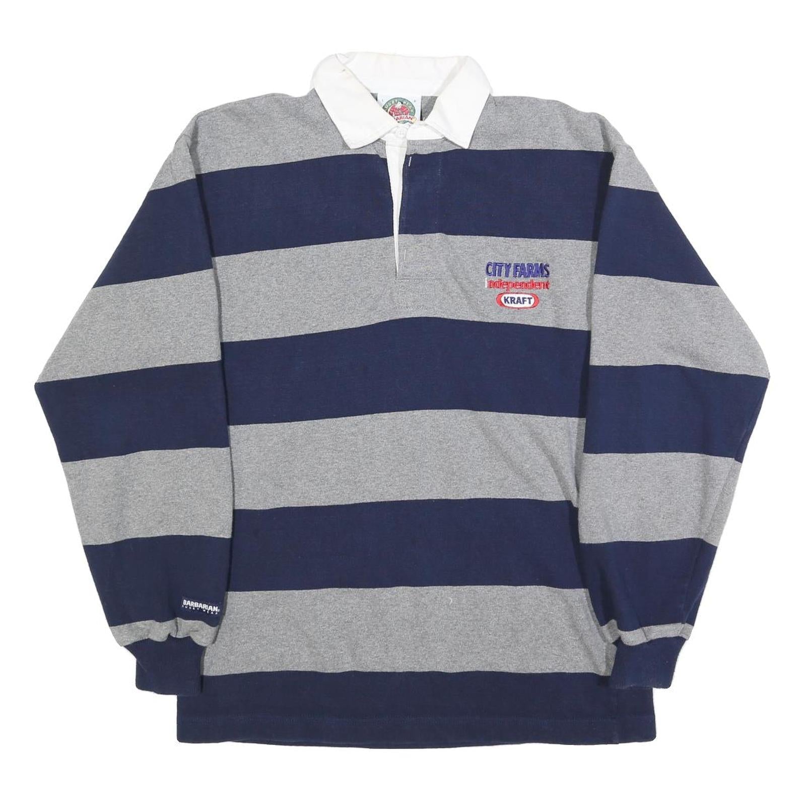 BARBARIAN Mens Grey & Navy Blue Rugby Stripe Long Sleeve Polo Shirt L Cotton Refurbished - N/A refurbished available on Cerqular