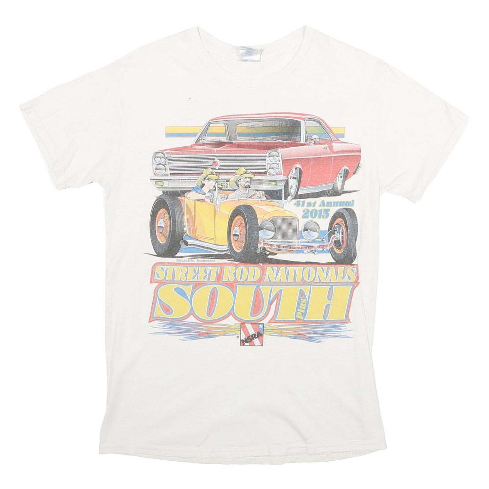 GILDAN Mens White Street Rod Nationals South Graphic T-Shirt S Short Sleeve Crew Refurbished - N/A refurbished available on Cerqular