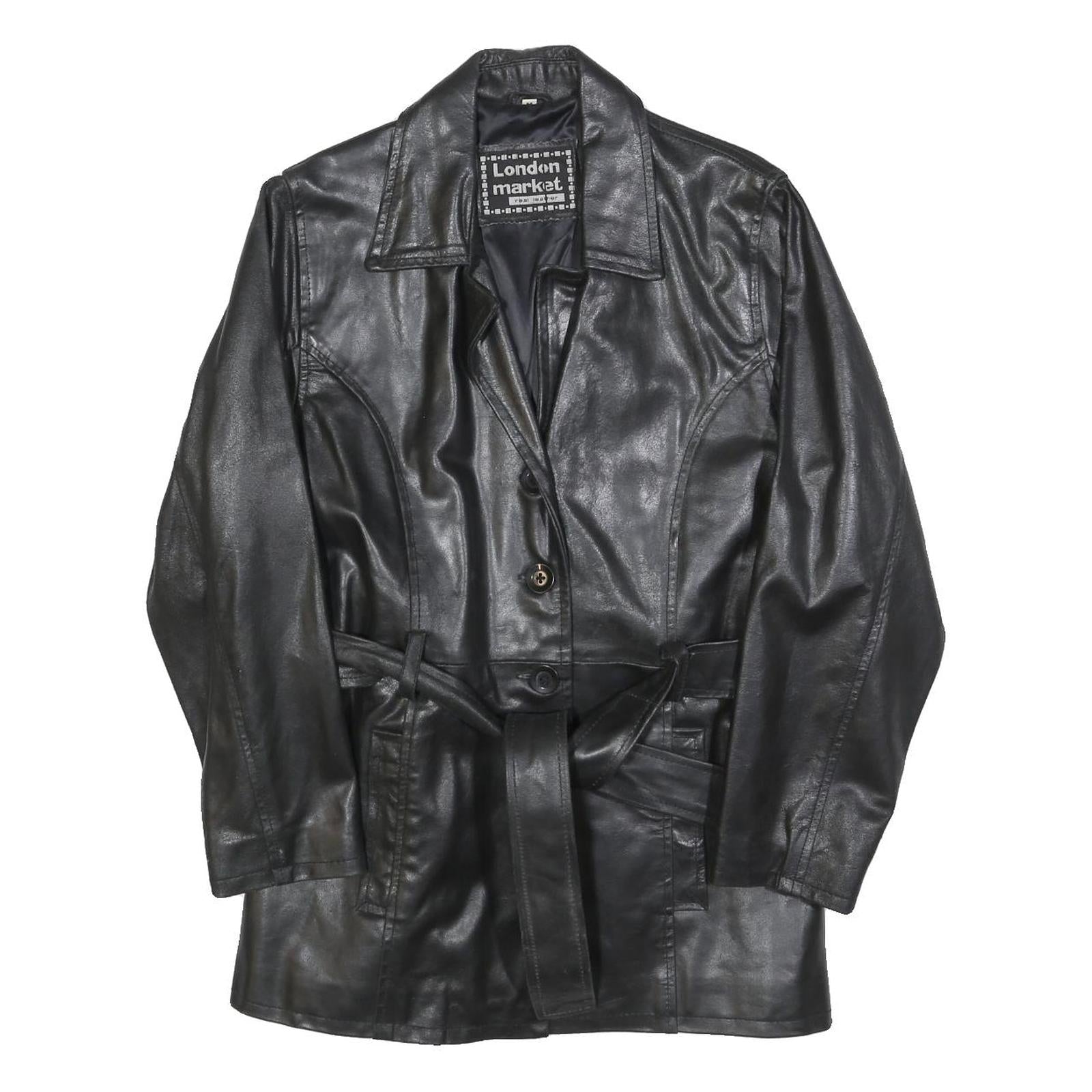 LONDON MARKET Womens Black Leather Jacket M Button Classic Timeless Outerwear Refurbished - N/A refurbished available on Cerqular