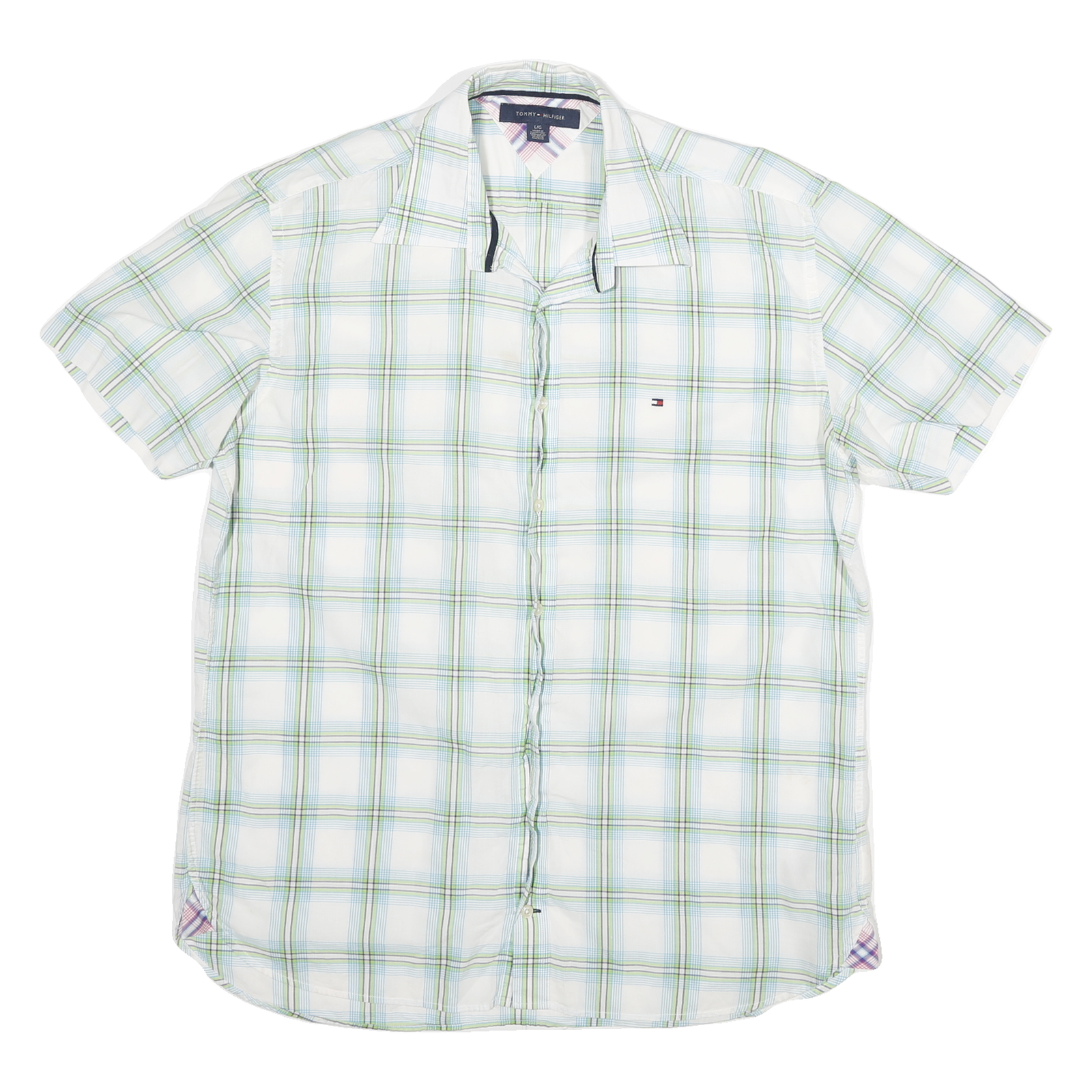 TOMMY HILFIGER Mens White & Green Check Shirt L Cotton Blend Casual Summer Refurbished - N/A refurbished available on Cerqular