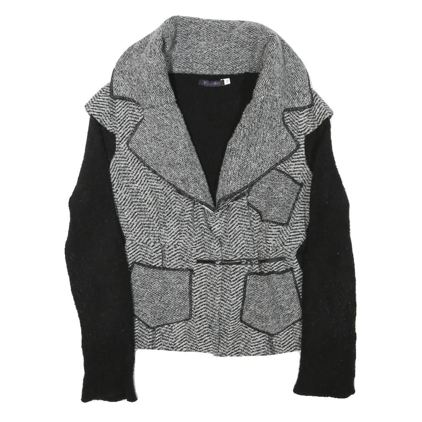 KOSMIKA Womens Black & Grey Button Wool Blend Jacket M Herringbone Pattern Refurbished - N/A refurbished available on Cerqular