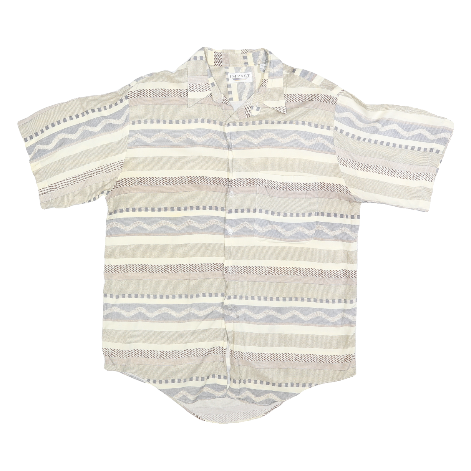 IMPACT Mens Beige & Grey Abstract Pattern Rayon Shirt L Casual Summer Button Refurbished - N/A refurbished available on Cerqular
