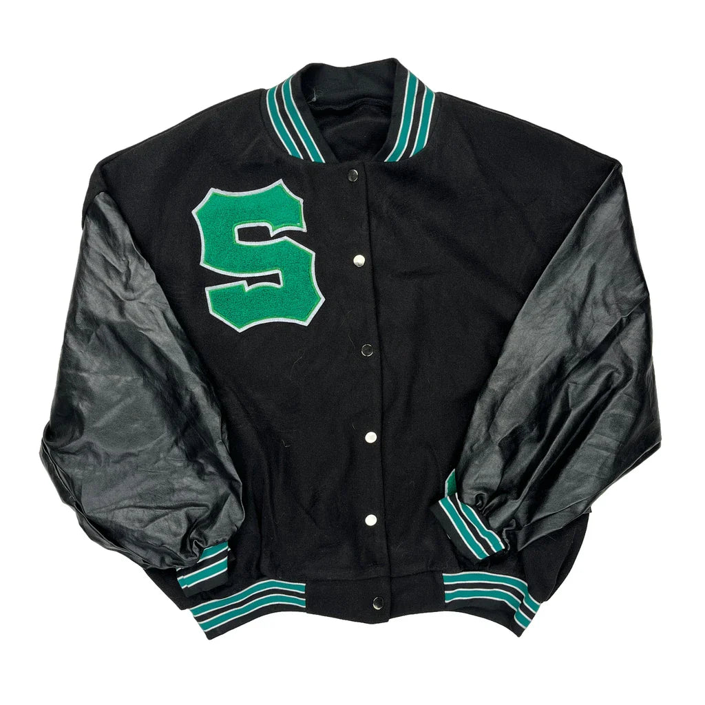 Letter S Unbranded College Varsity Jacket - XL Green Faux Leather Refurbished - Thrifted (note: this is a term often used to describe second- refurbished available on Cerqular