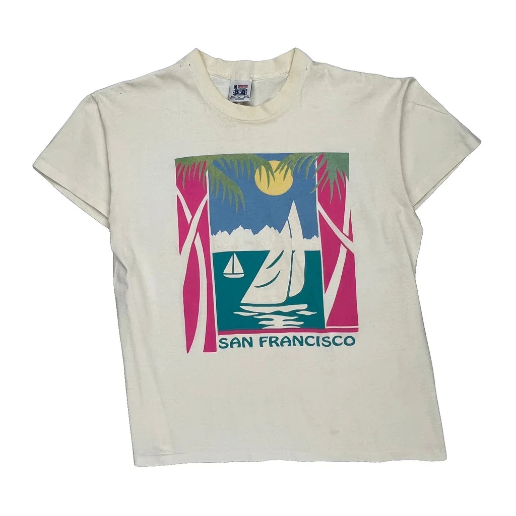 San Francisco Americas Finest Single Stitch T-Shirt - Large Cream Cotton Refurbished - Thrifted (note: this is a term often used to describe second- refurbished available on Cerqular