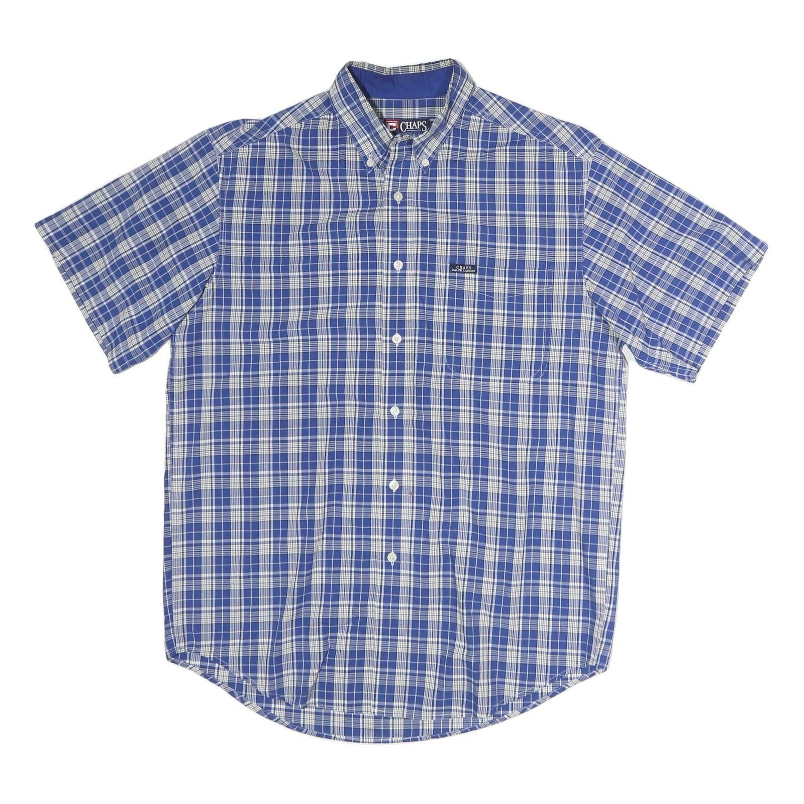 CHAPS Mens Blue & White Plaid Shirt M Short Sleeve Button-Down Casual Cotton Refurbished - N/A refurbished available on Cerqular