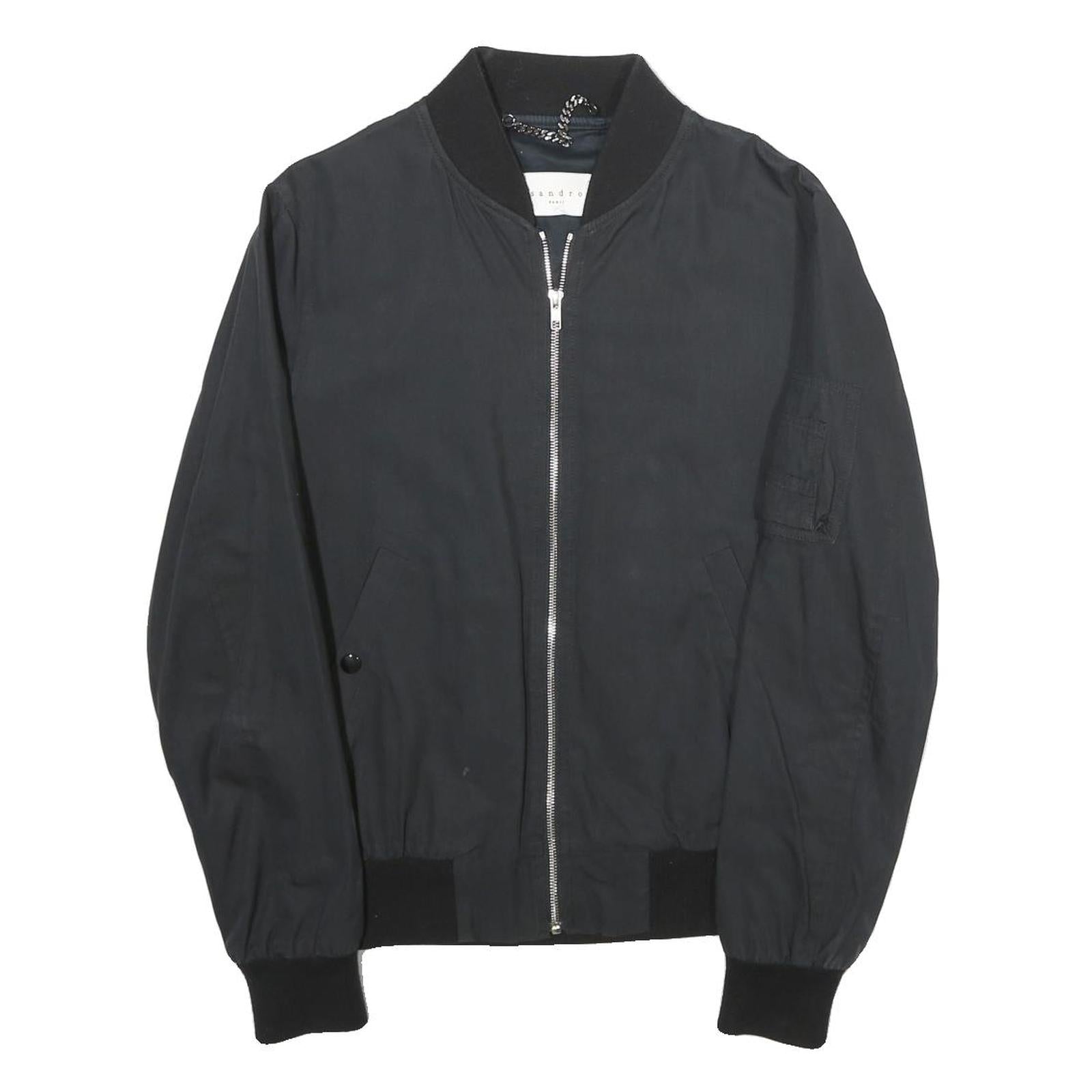 SANDRO Mens Black Bomber Jacket XS Cotton Blend Plain Zip Closure Refurbished - N/A refurbished available on Cerqular