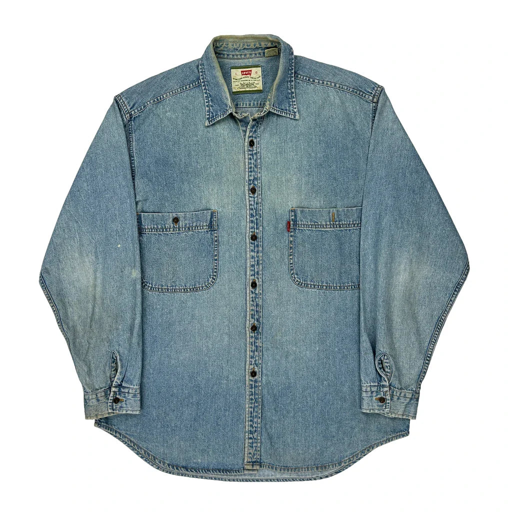 Levis Denim Shirt - Large Light Wash Cotton Refurbished - Thrifted (note: this is a term often used to describe second- refurbished available on Cerqular