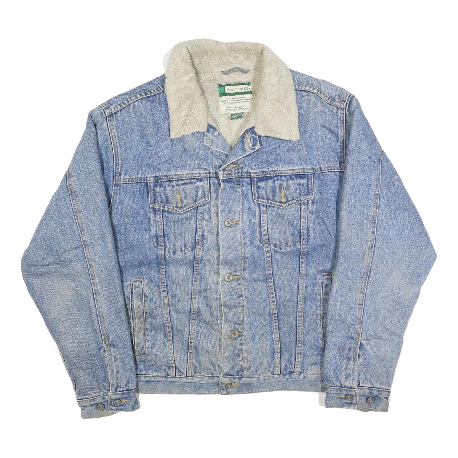FALLS CREEK Mens Blue Denim Sherpa Collar Jacket L Cotton Button Casual Refurbished - N/A refurbished available on Cerqular