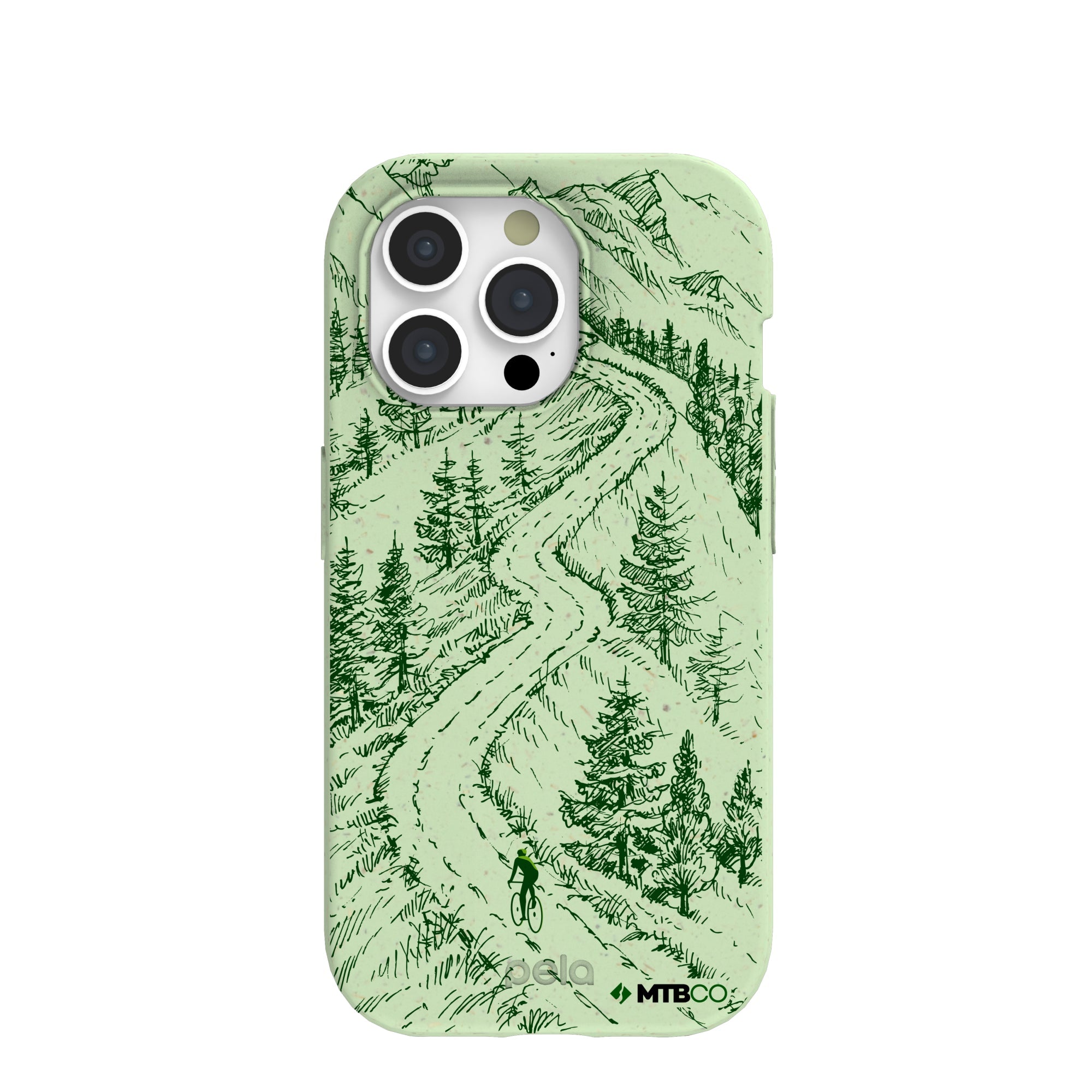Sage Green Into the Mountains MTBCO iPhone 15 Pro Case Refurbished - Pela Case refurbished available on Cerqular