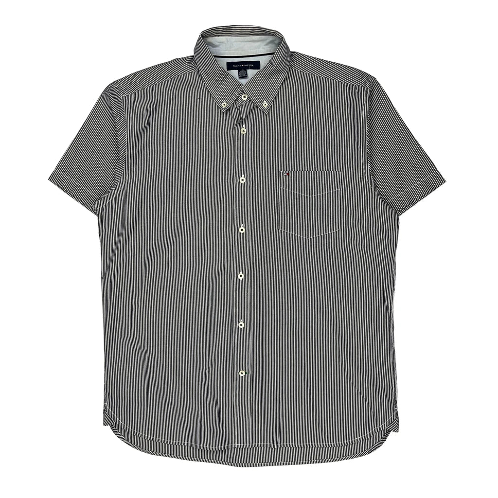 Tommy Hilfiger Striped Short Sleeve Shirt - Large Black & White Cotton Refurbished - Thrifted (note: this is a term often used to describe second- refurbished available on Cerqular
