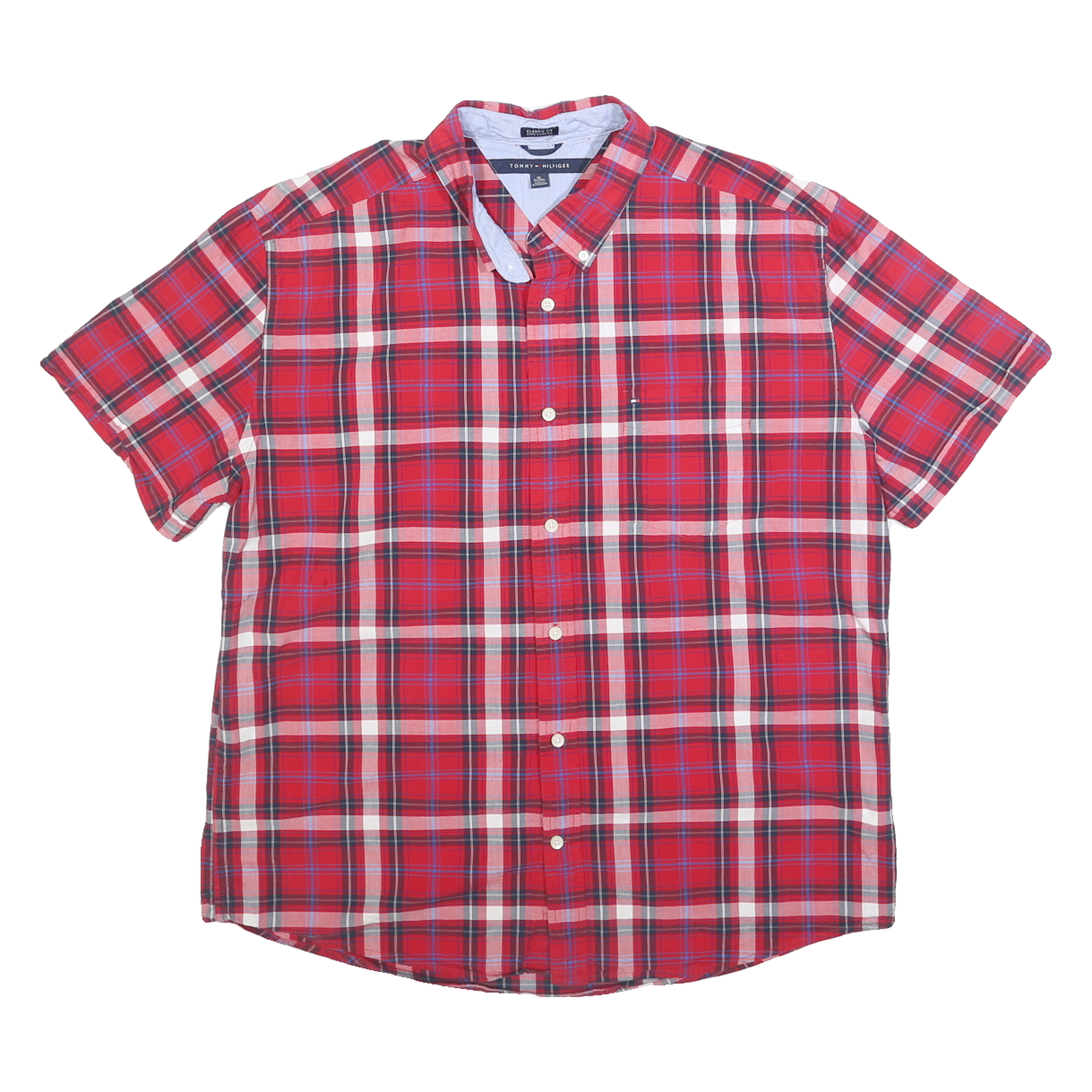 TOMMY HILFIGER Mens Red Plaid Shirt XL Button Down Short Sleeve Cotton Casual Refurbished - N/A refurbished available on Cerqular