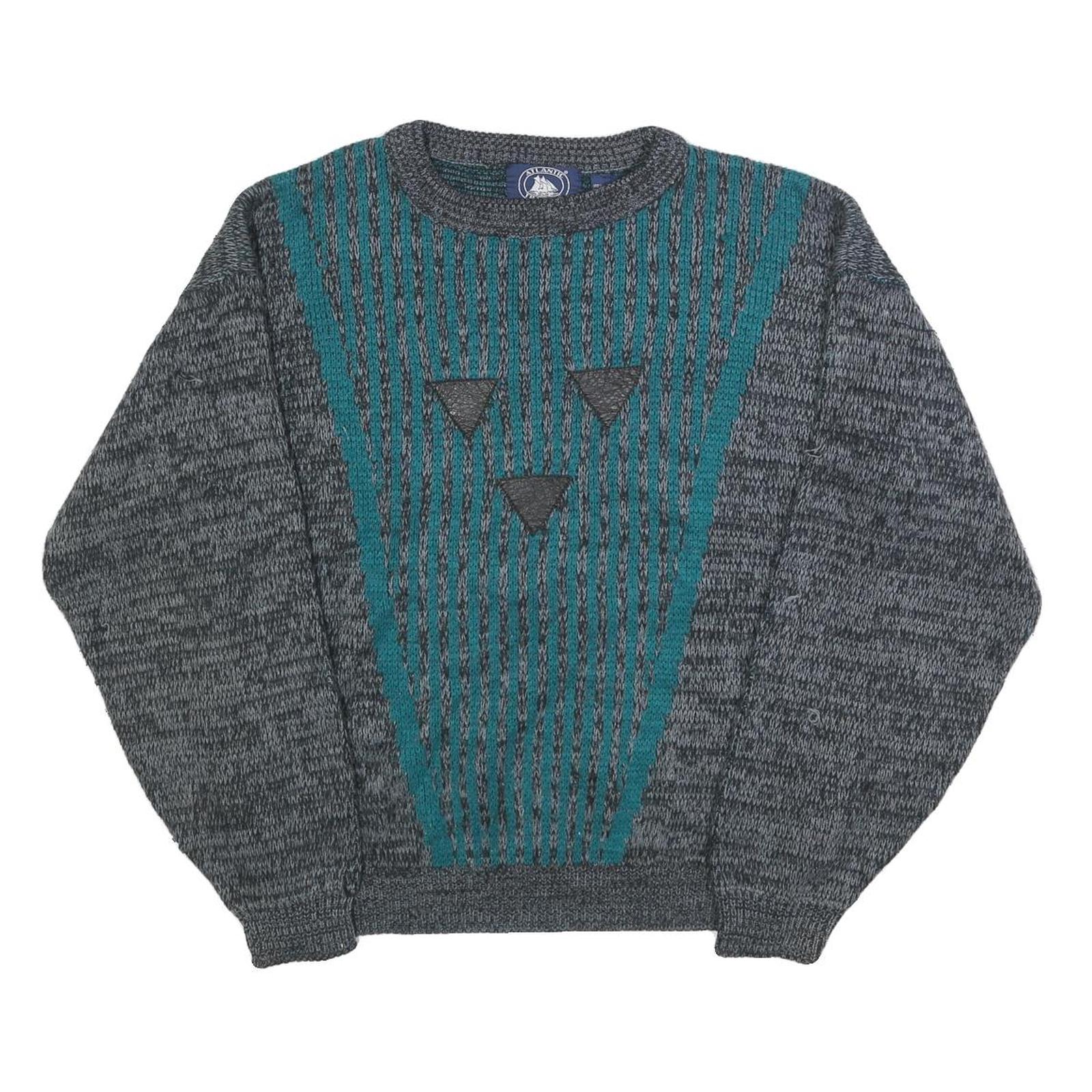 ATLANTIC TRADERS Mens Grey & Teal Patterned Acrylic Jumper Crew Neck Chunky Knit Refurbished - N/A refurbished available on Cerqular