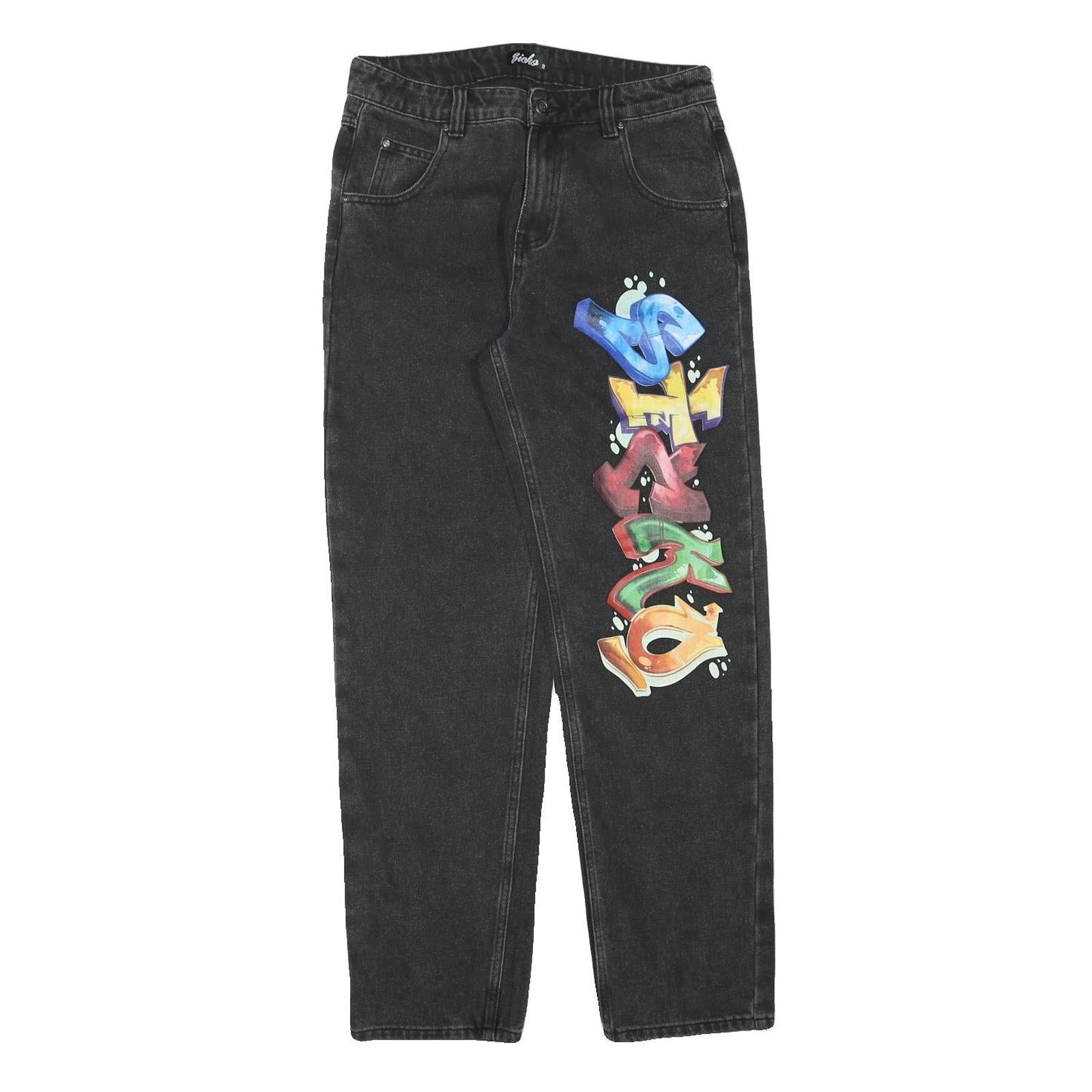 SICKO Womens Relaxed Black Denim Jeans W30 L31 Graffiti Print Cotton Blend Zip Refurbished - N/A refurbished available on Cerqular