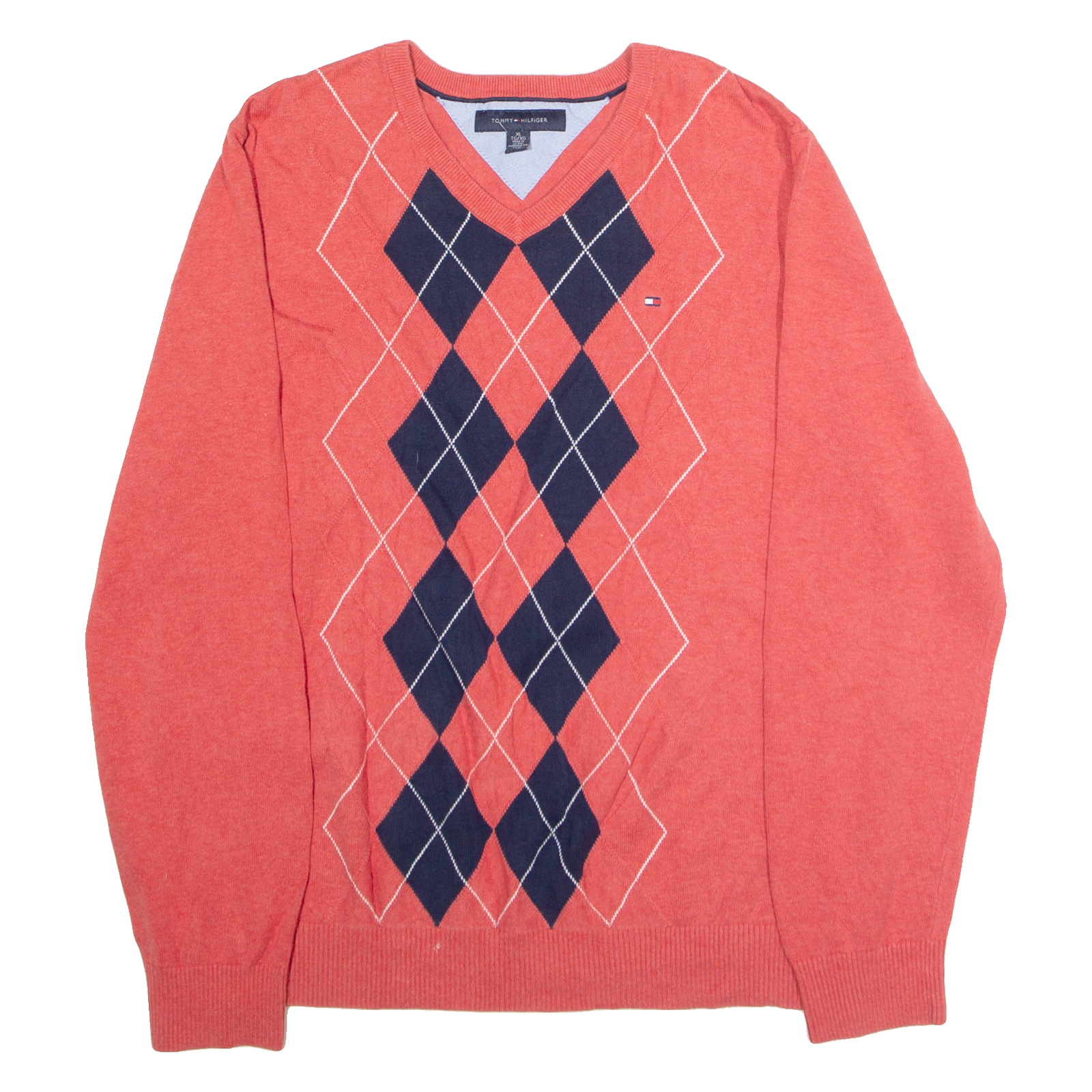 TOMMY HILFIGER Mens Patterned Jumper Pink Argyle V-Neck Tight Knit XL Refurbished - N/A refurbished available on Cerqular