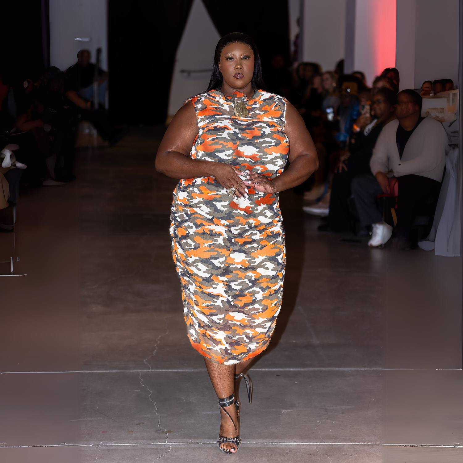 Boudicca Summer Orange Camouflage Ruched Dress-Inclusive Plus Size up to UK 24 / US 20 | Size: Size UK 24/ US 20 | Color: Orange Refurbished - N/A refurbished available on Cerqular