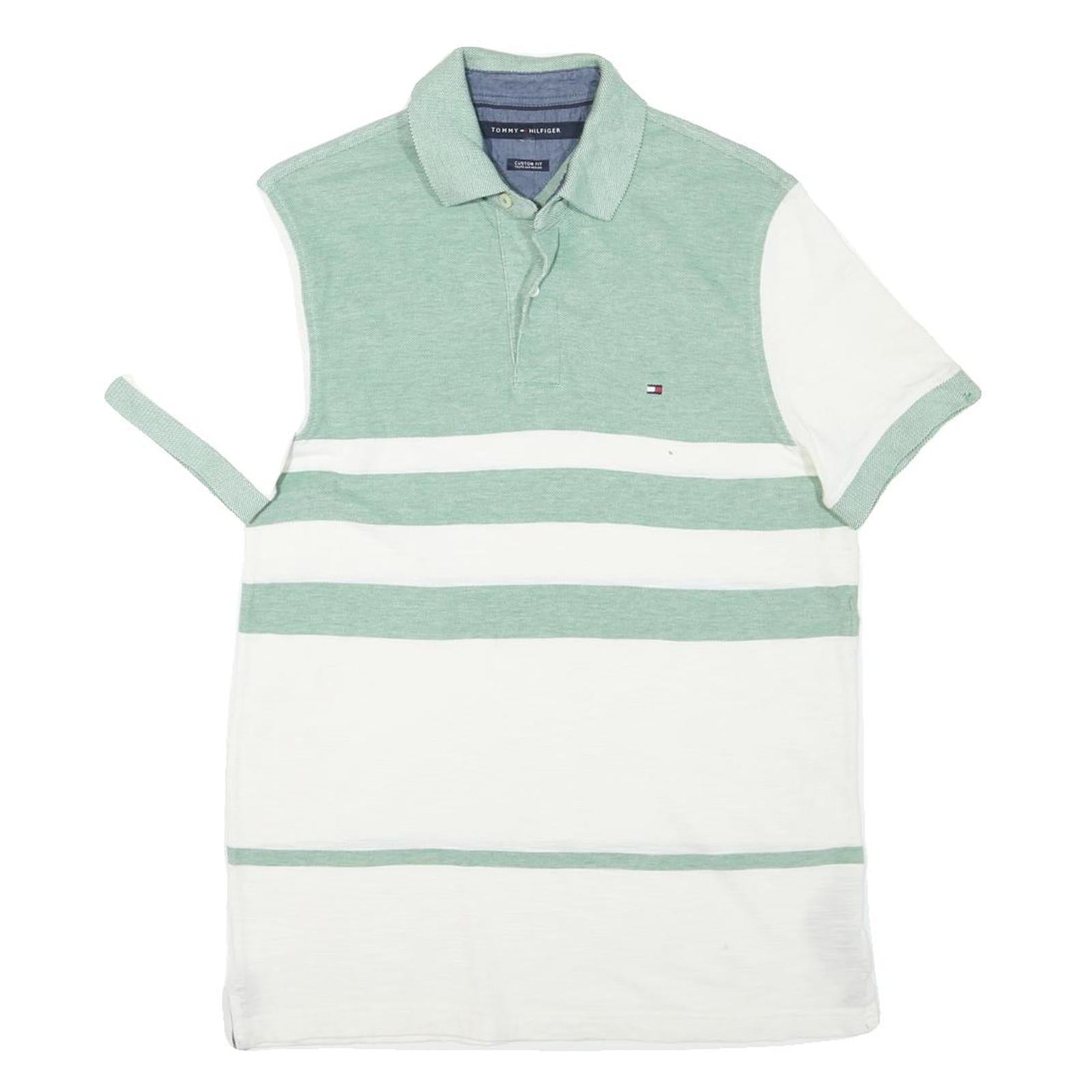 TOMMY HILFIGER Mens Green & White Striped Short Sleeve Polo Shirt M Cotton Blend Refurbished - N/A refurbished available on Cerqular