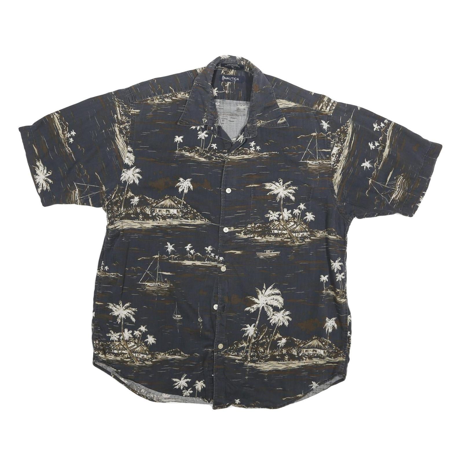 NAUTICA Mens Blue & Beige Hawaiian Shirt M Cotton Blend Beach Print Summer Refurbished - N/A refurbished available on Cerqular
