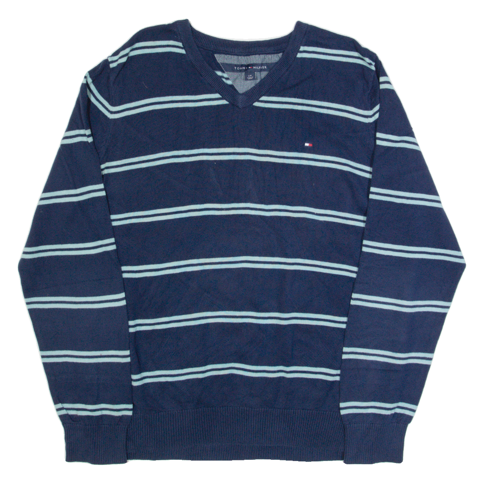 TOMMY HILFIGER Mens Patterned Jumper Blue Striped V-Neck Tight Knit L Refurbished - N/A refurbished available on Cerqular