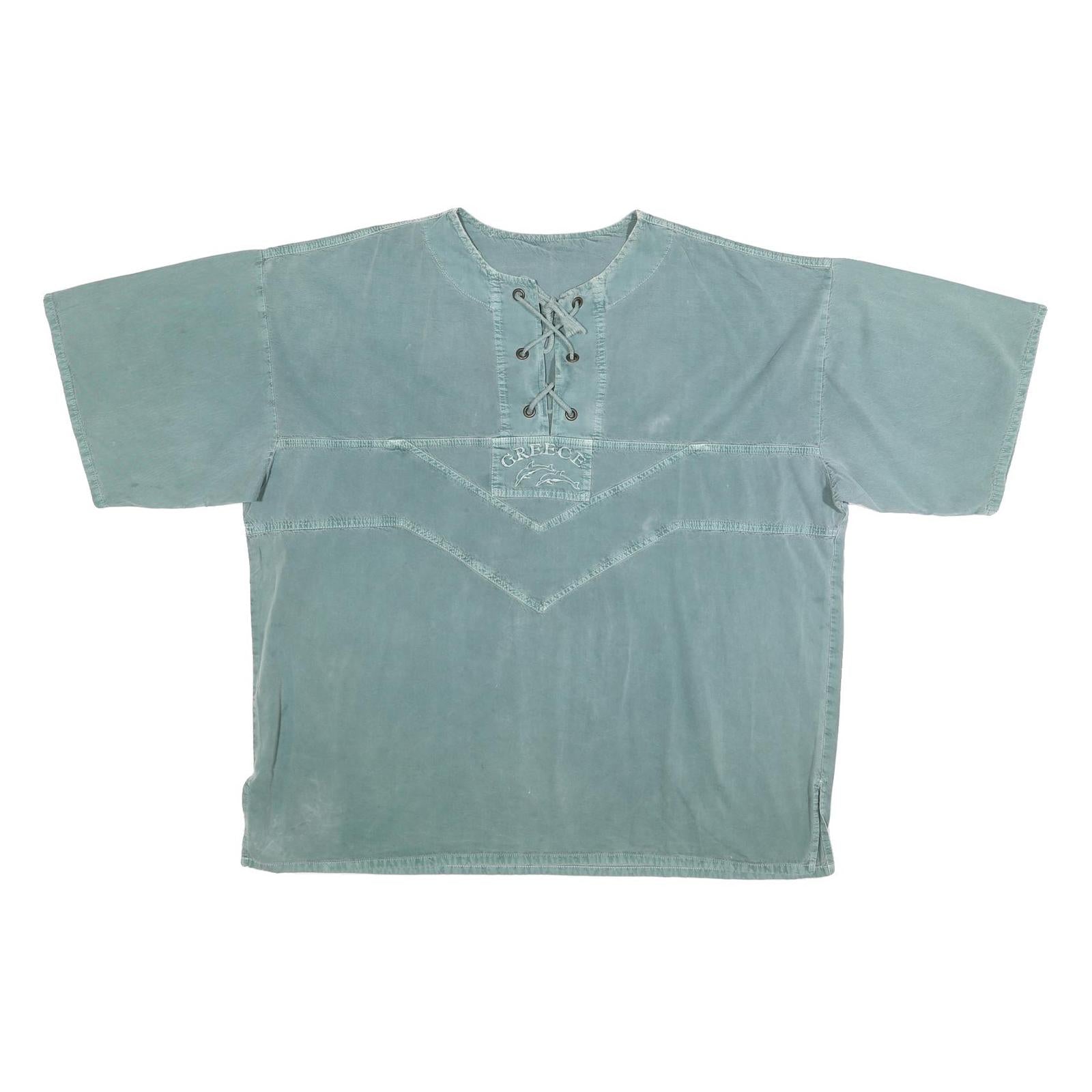 Womens Blue Cotton Blend Oversized Lace Up Crew Neck Plain 2XL Top Casual Refurbished - N/A refurbished available on Cerqular