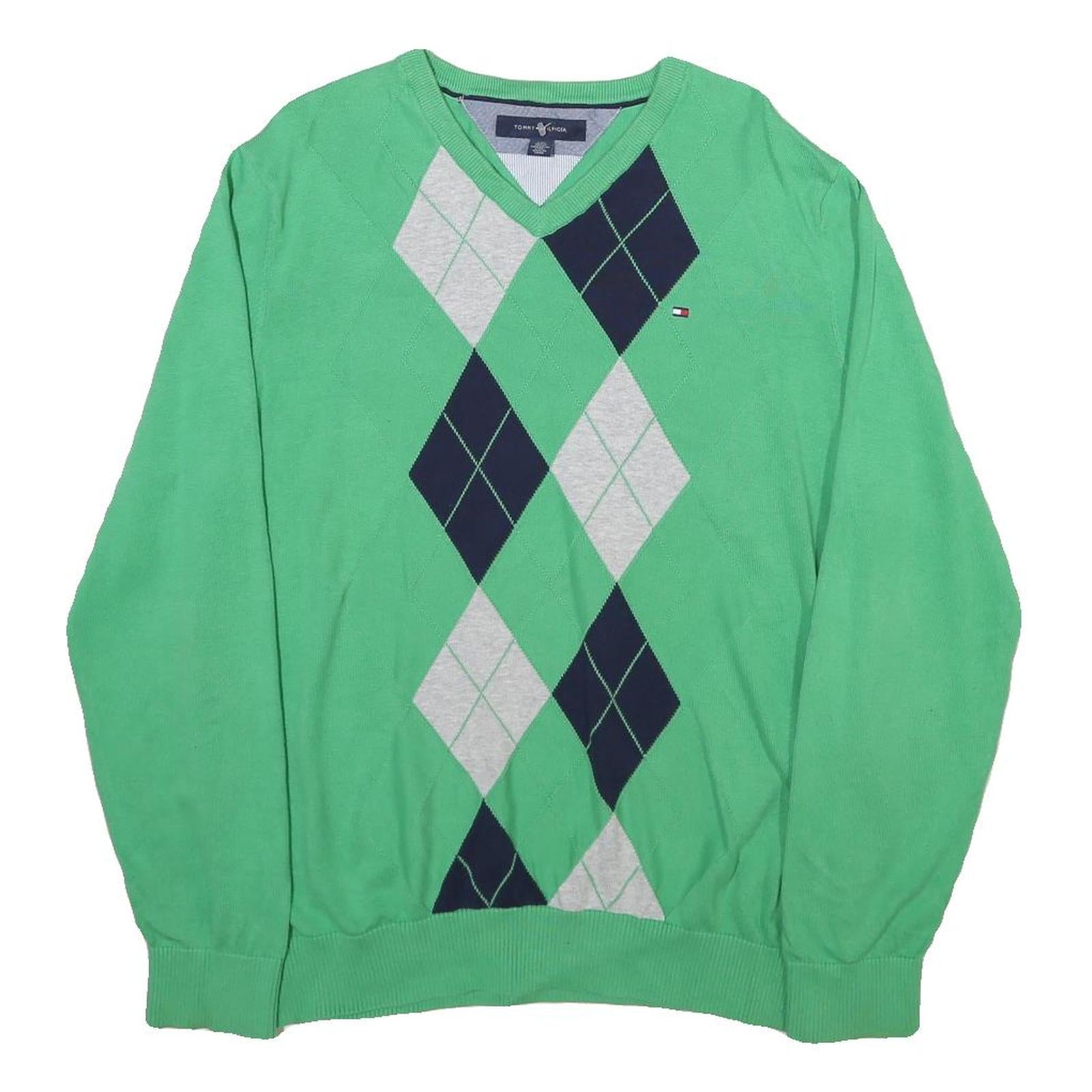TOMMY HILFIGER Mens Green Navy & Grey Patterned V Neck Jumper Cable Knit L Refurbished - N/A refurbished available on Cerqular