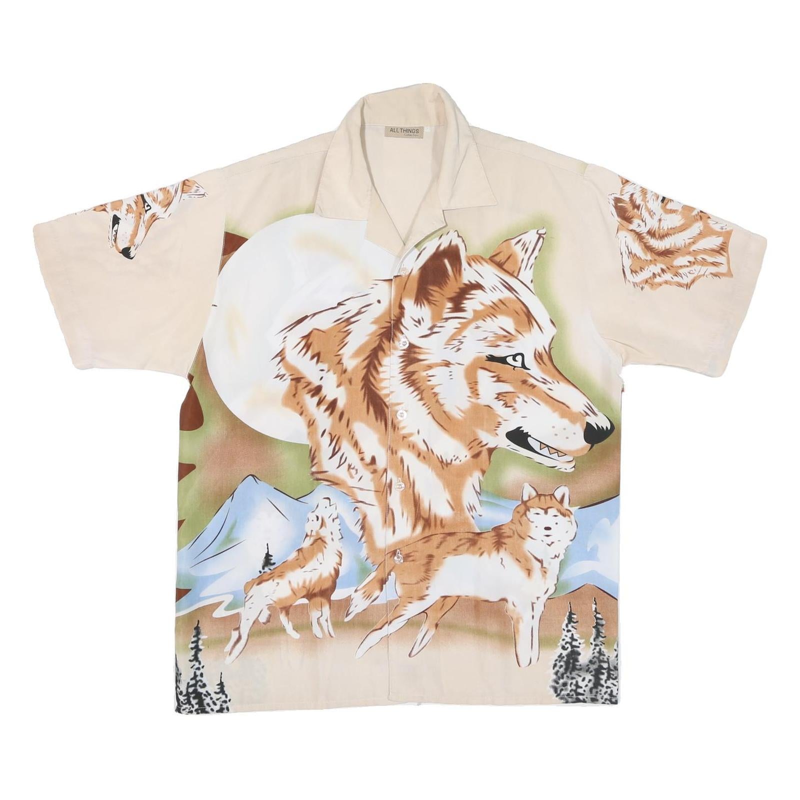 Mens Beige XL Polyester Blend Short Sleeve Shirt Fox Wolf Print Nature Refurbished - N/A refurbished available on Cerqular
