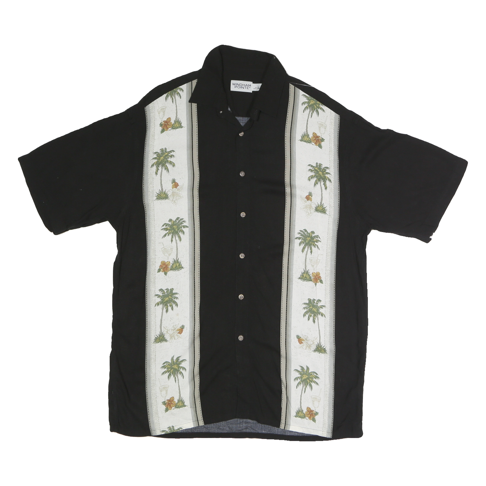 WINDHAM Mens Black & Cream Rayon Hawaiian Shirt L Palm Tree Floral Tropical Refurbished - N/A refurbished available on Cerqular