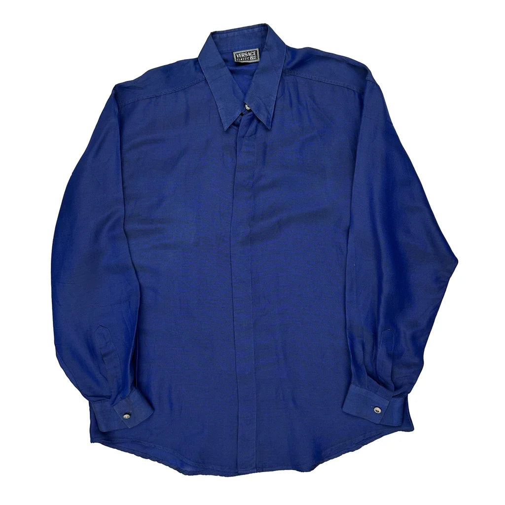 Versace Shirt - Large Blue Cotton Refurbished - Thrifted (note: this is a term often used to describe second- refurbished available on Cerqular
