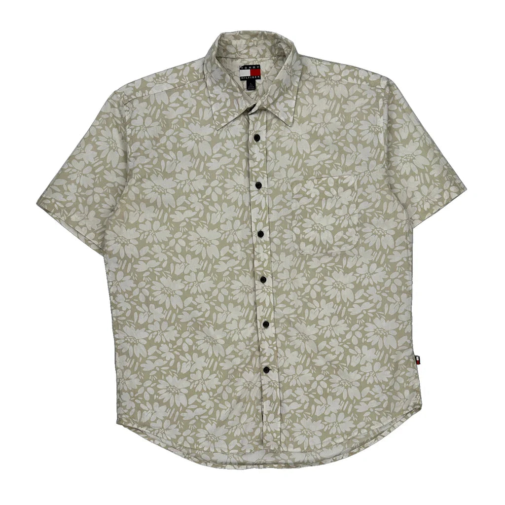 Tommy Hilfiger Floral Short Sleeve Shirt - Large Beige Cotton Refurbished - Thrifted (note: this is a term often used to describe second- refurbished available on Cerqular