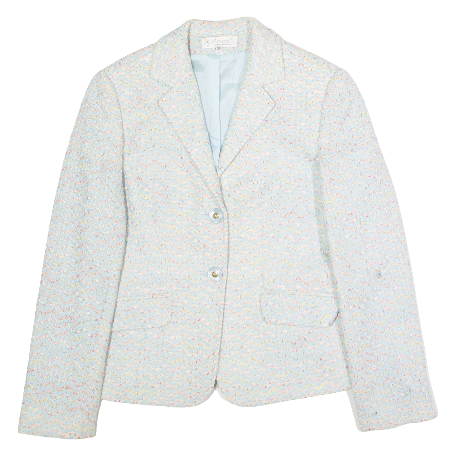 CLEMENT Womens Blazer Jacket Blue Knit Wool 90s Chevron UK 8 Refurbished - N/A refurbished available on Cerqular