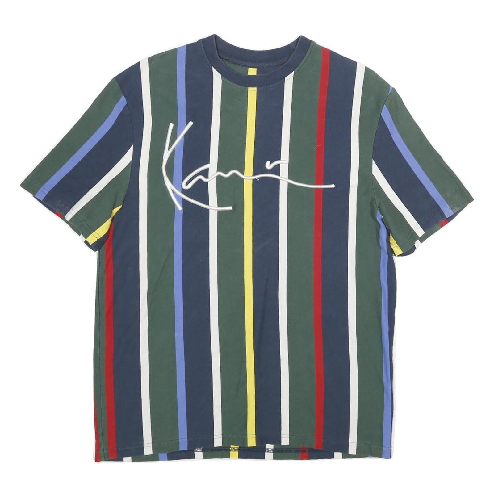 KARL KANI Mens Blue Green Red Yellow Striped Graphic T-Shirt S Short Sleeve Crew Refurbished - N/A refurbished available on Cerqular